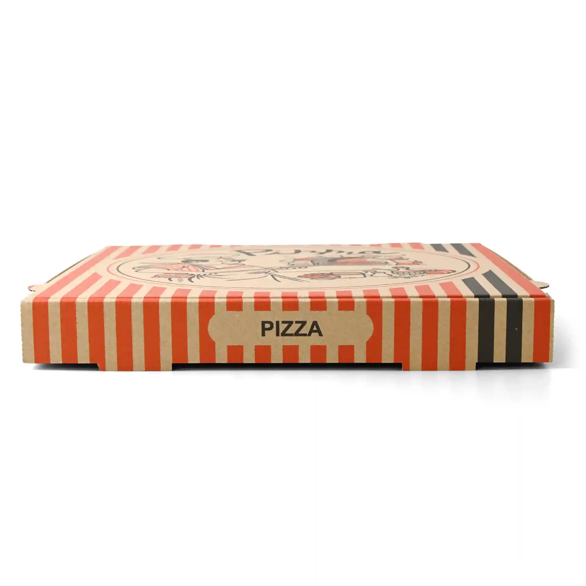 Karton pizza doos met rood-witte strepen, met een pizzakok ontwerp en het woord "PIZZA" aan de zijkant.