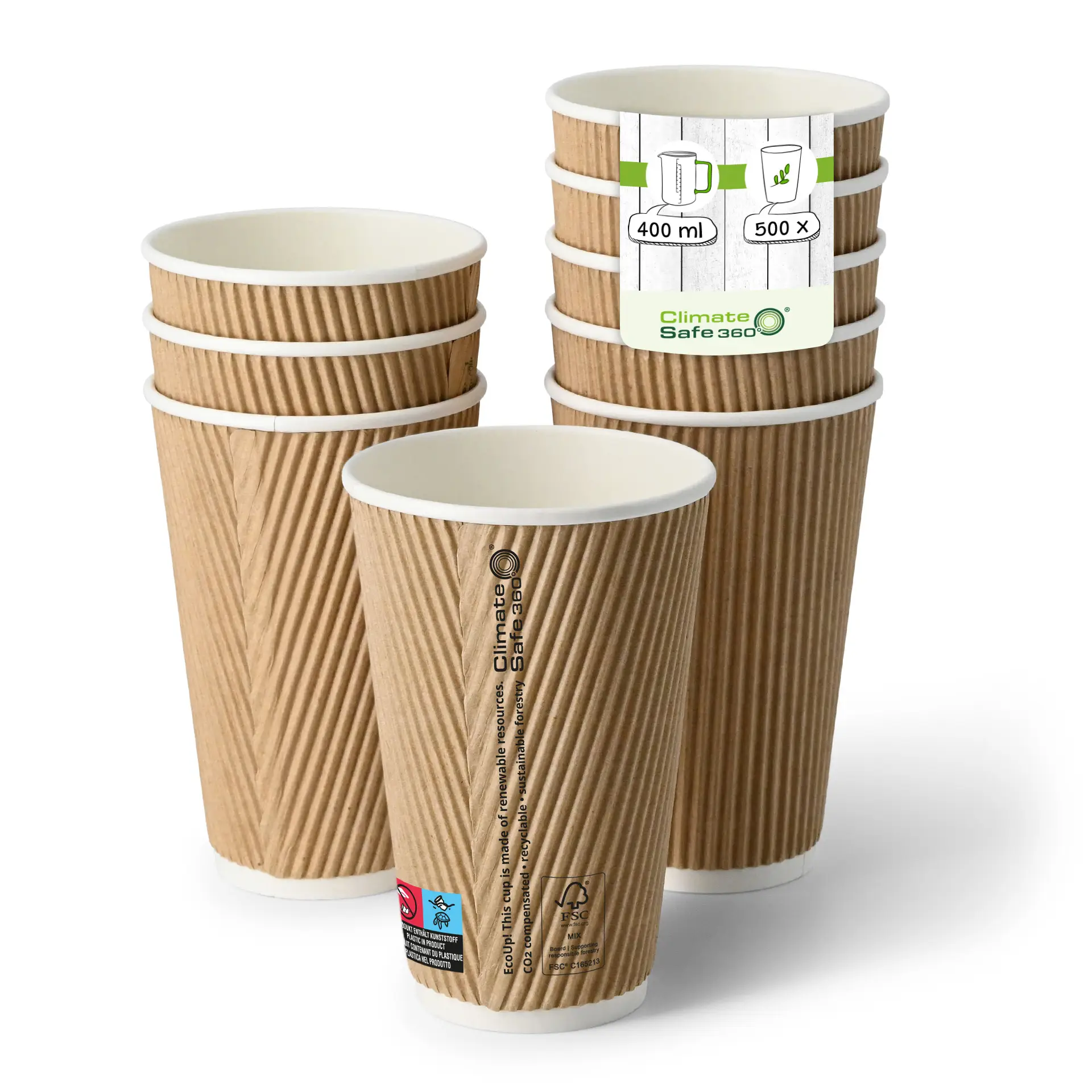 Koffiebekers to go van karton (gecoat) / Ribbelbekers 400 ml / 16 oz, Ø 80 mm, bruin, binnenkant wit con10027-01-0-riffelbecher-beschichtet-coffee-to-go-becher-400-ml-16-oz-90-mm-braun-innen-weiss