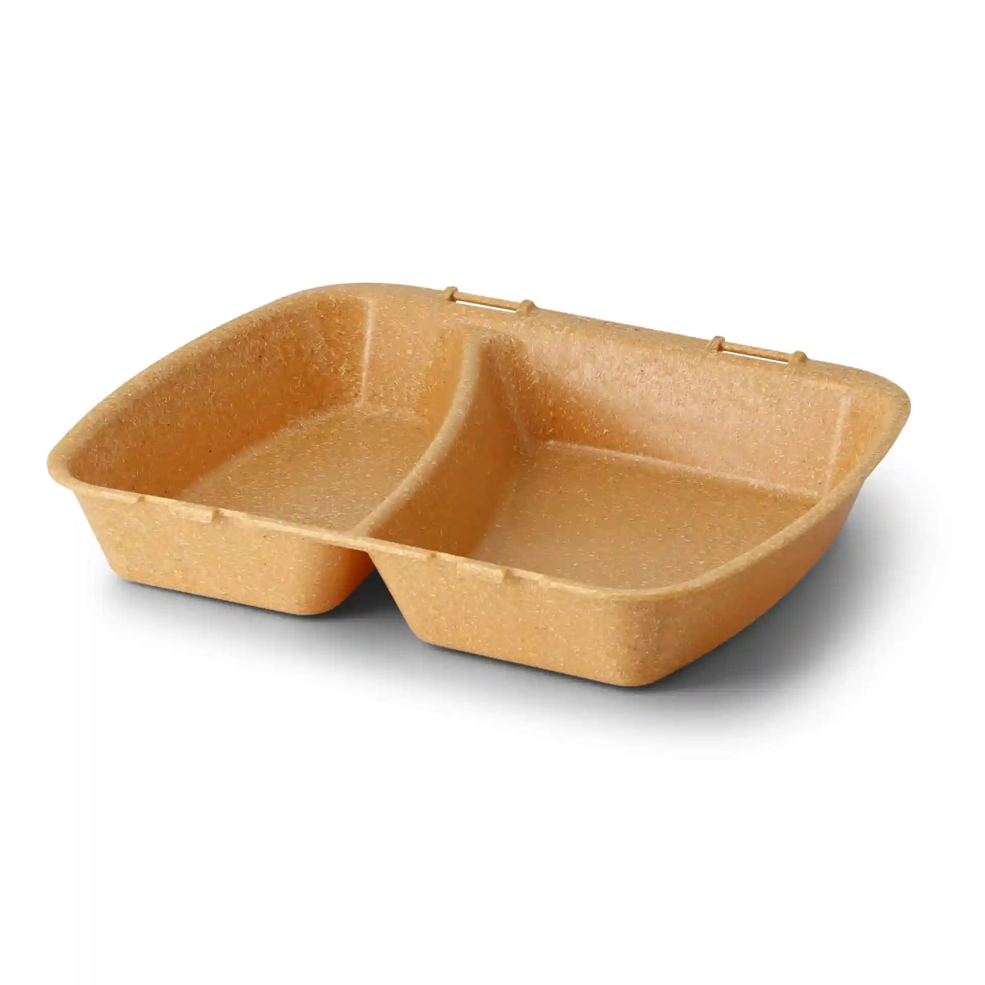 Bruine herbruikbare maaltijdcontainer met twee compartimenten, 24,5 x 20 x 4,5 cm, gemaakt van biocomposietmateriaal.