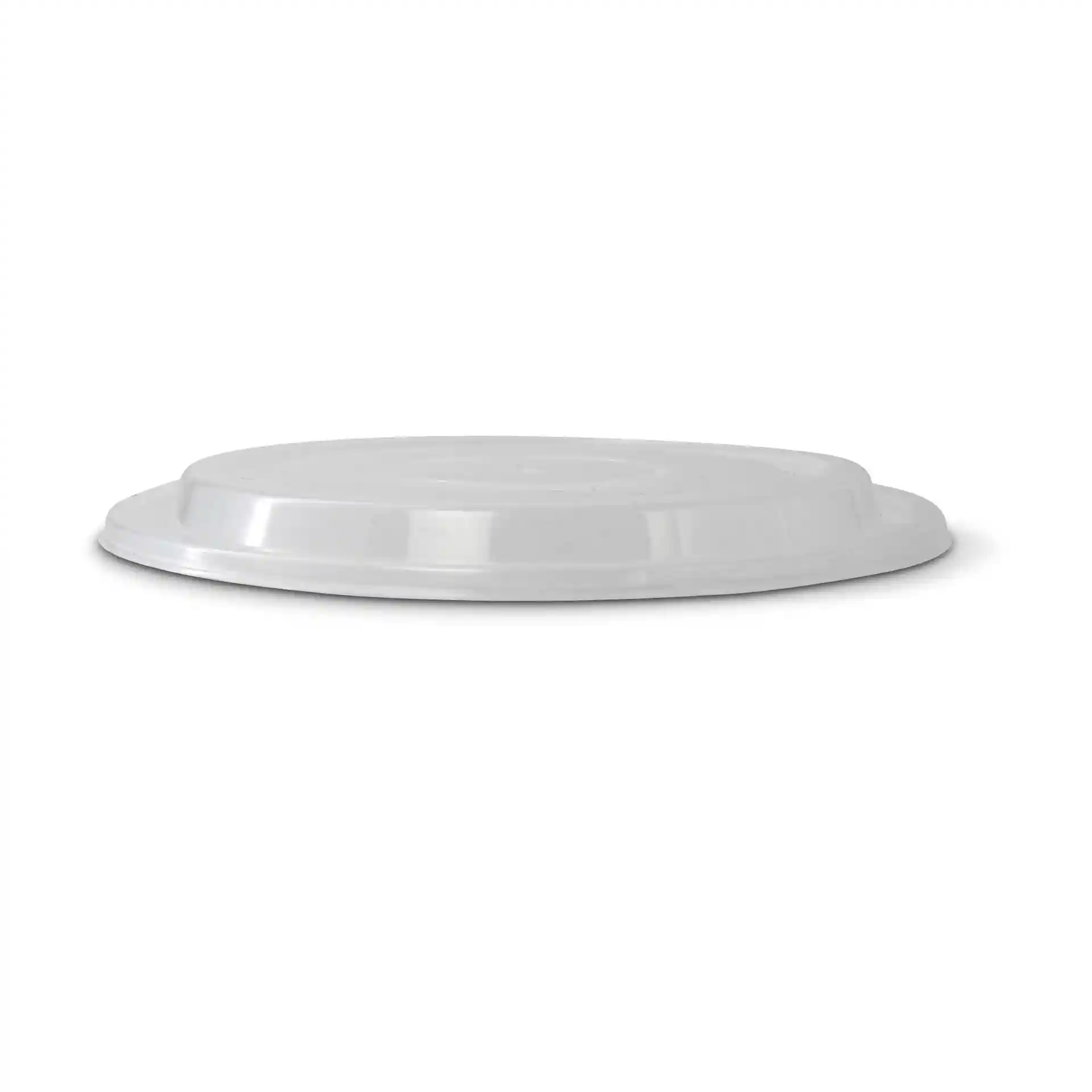 Transparante ronde herbruikbare deksel van polypropyleen, 16 mm hoog en 183 mm in diameter.