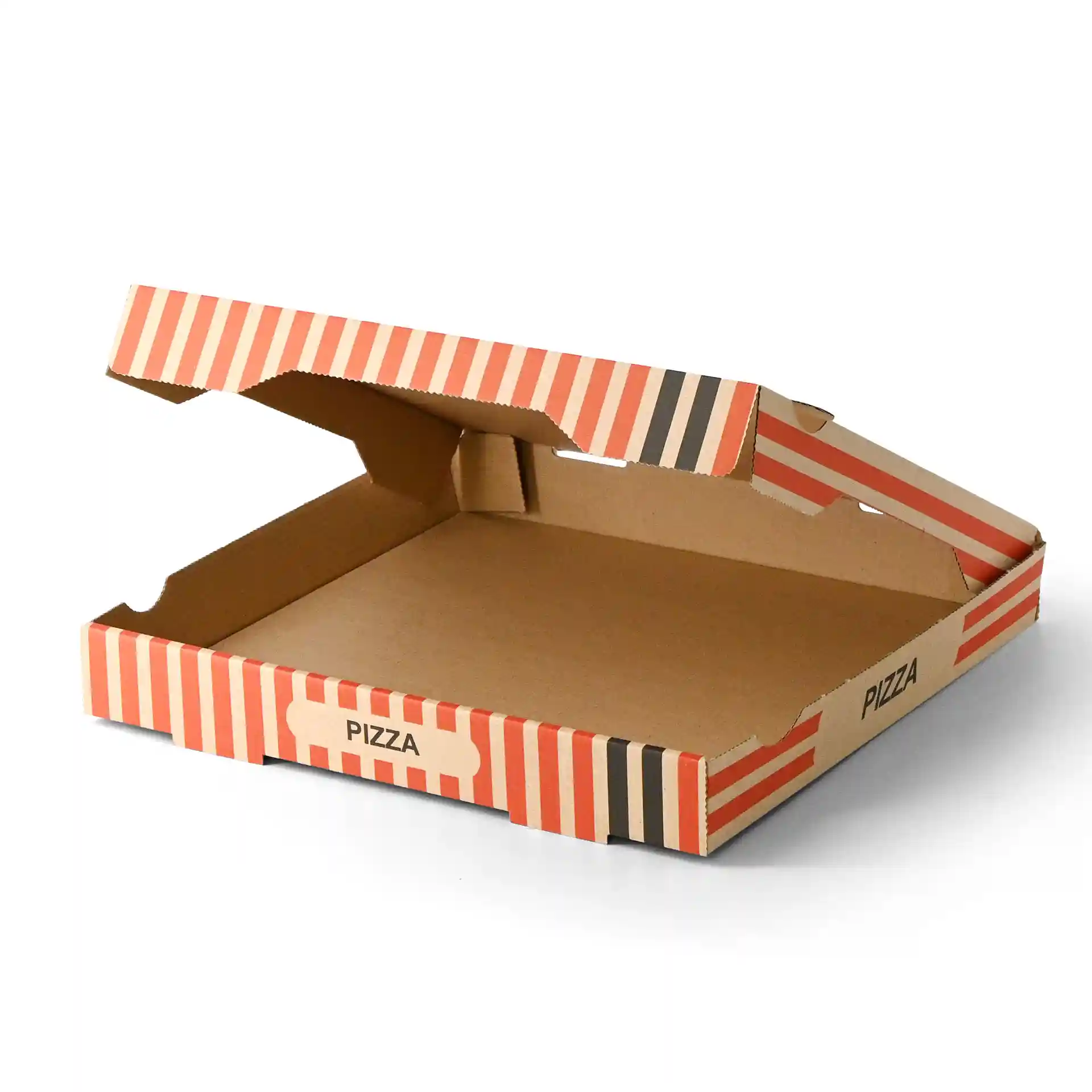 Karton pizza doos met een bruine buitenkant en rood gestreept ontwerp, 30 x 30 cm en 4 cm hoog.