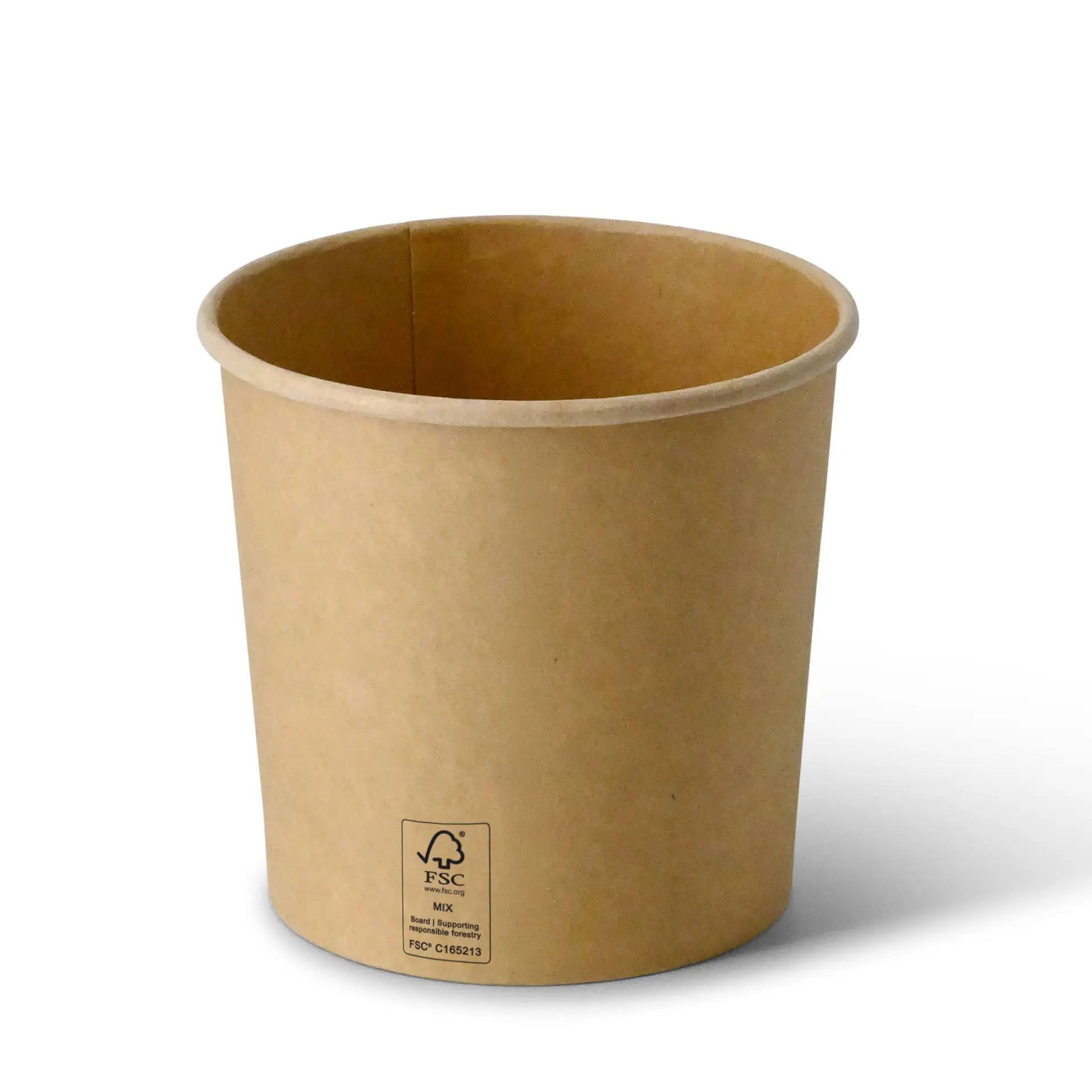 Bruine kartonnen takeaway-soepcontainer, ronde vorm, 24 oz capaciteit, met zichtbaar FSC-certificeringssymbool.