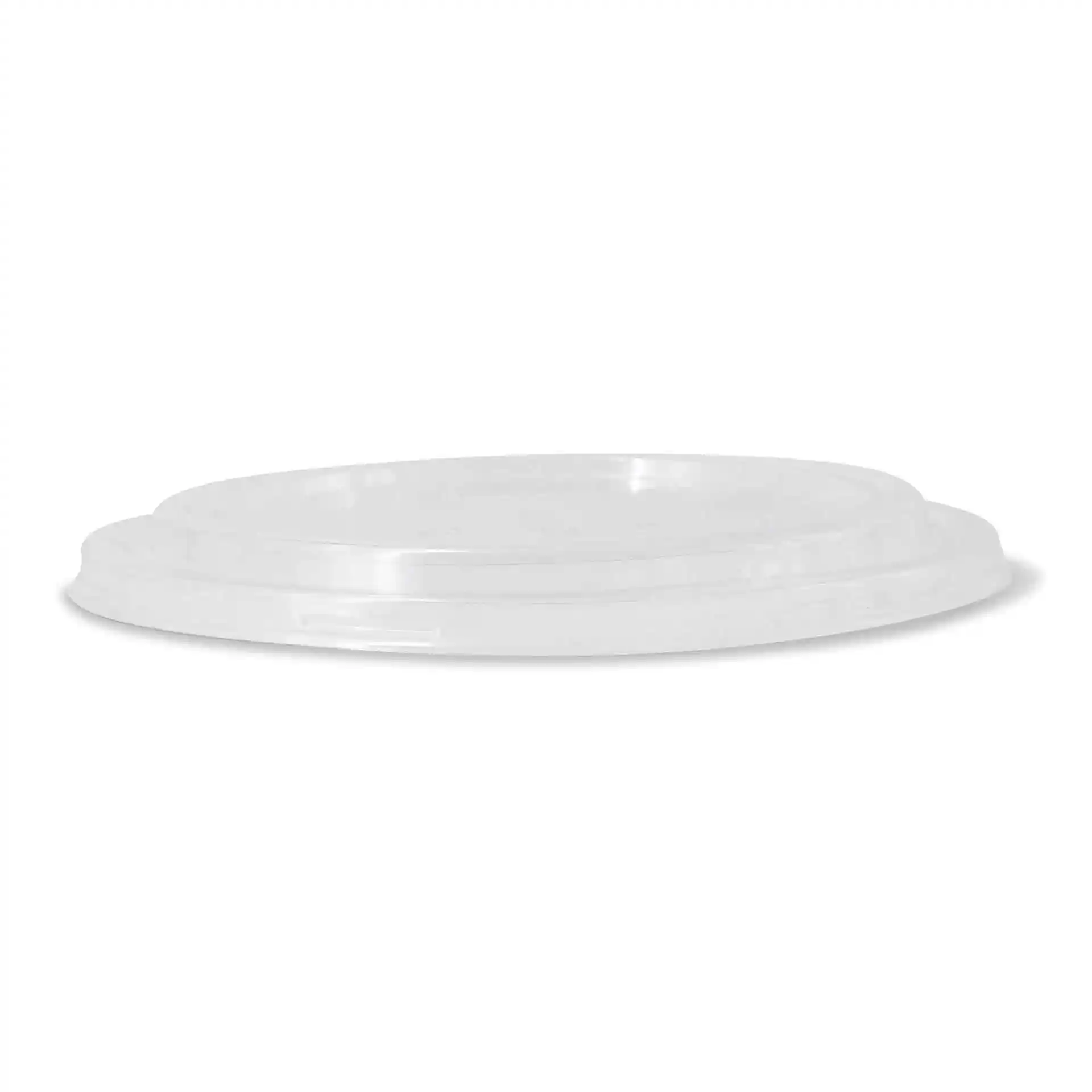 Transparant rond deksel voor beker van PLA, met een diameter van 185 mm en een hoogte van 17 mm.