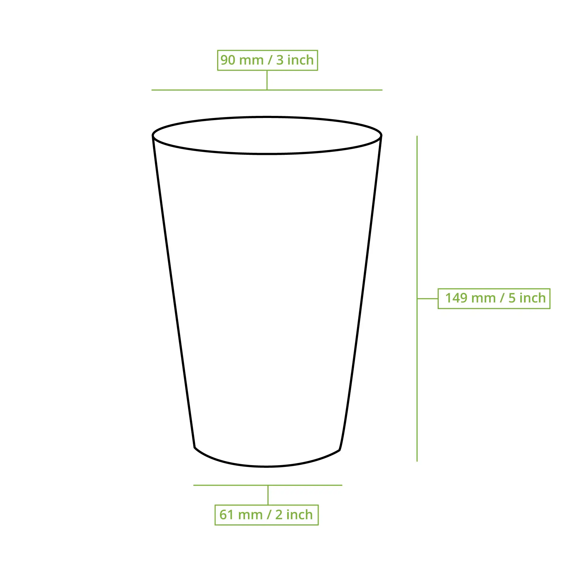 Bruin enkelwandig papieren bekertje, 500 ml capaciteit met PLA-coating, afmetingen 90 mm diameter en 149 mm hoogte.