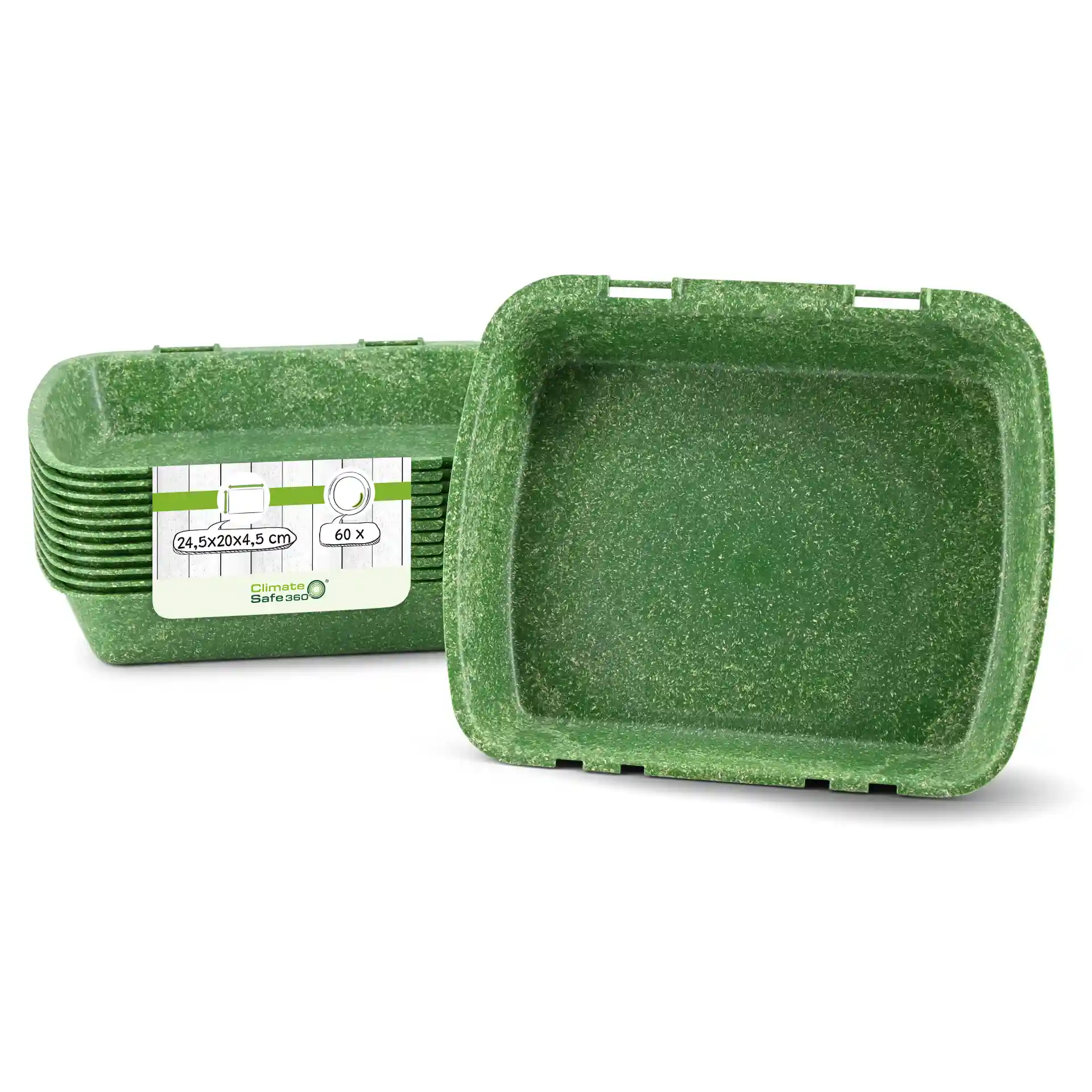 Rechthoekige groene herbruikbare menubak, 24,5 x 20 x 4,5 cm, met een label voor afmetingen en hoeveelheid.