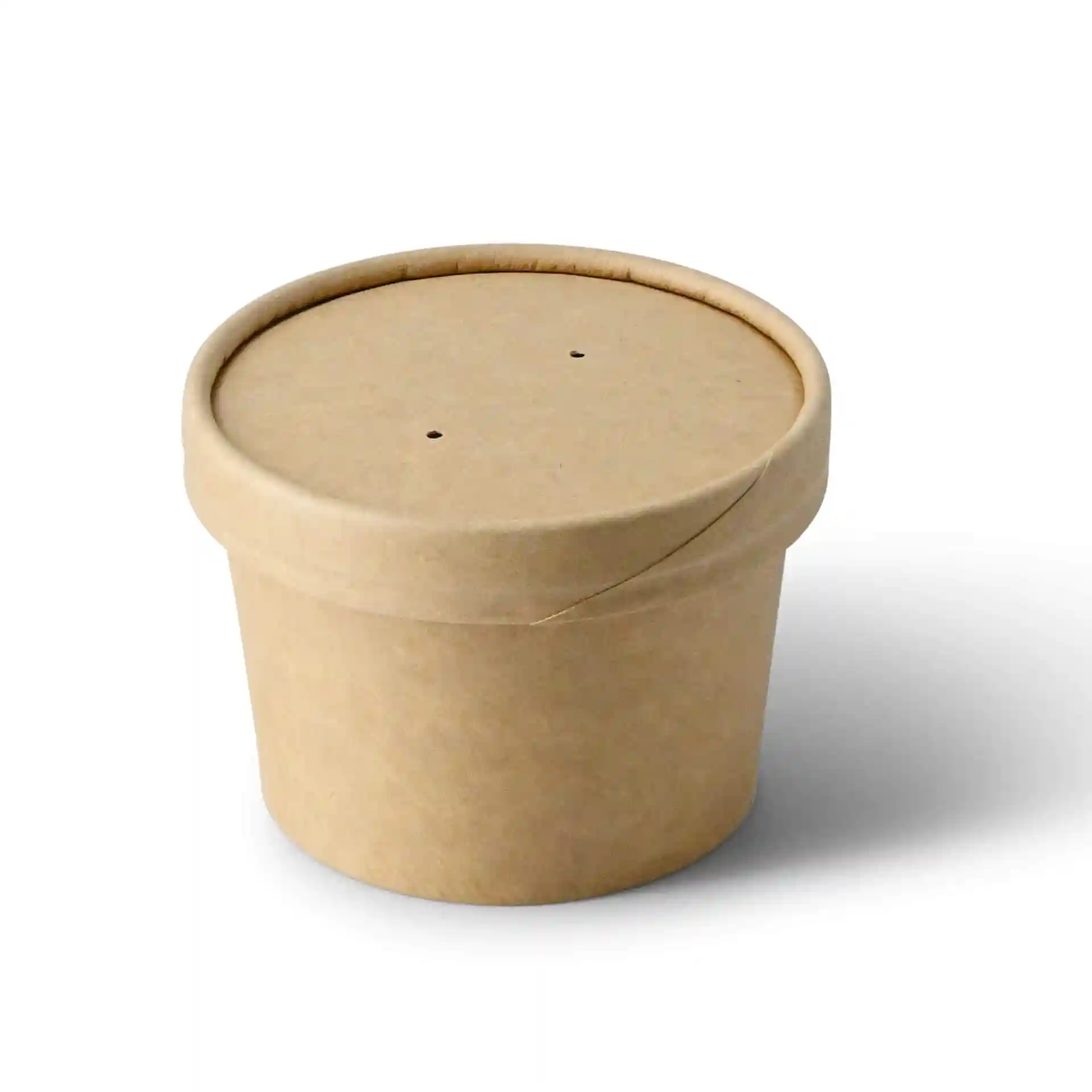 Ronde bruine kartonnen container met een deksel, met twee kleine gaatjes bovenop.