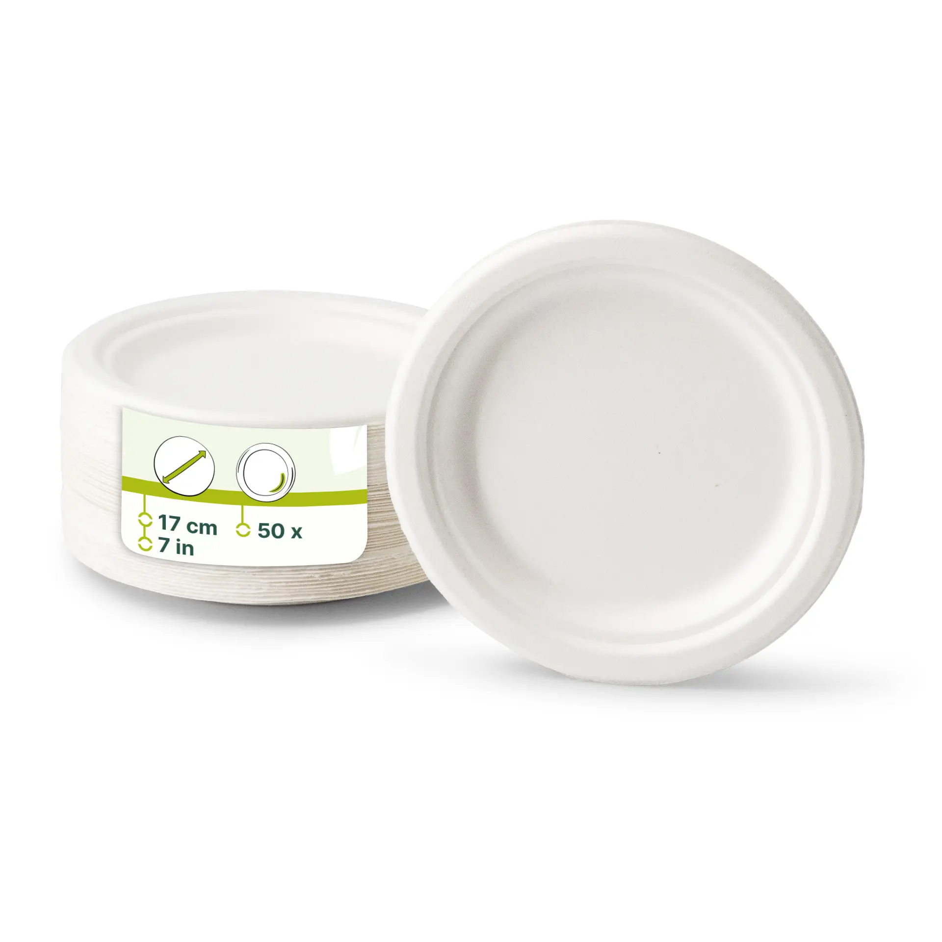 Ronde biologisch afbreekbare suikerrietborden van 17 cm doorsnede, stapel van meerdere zichtbaar met een label.