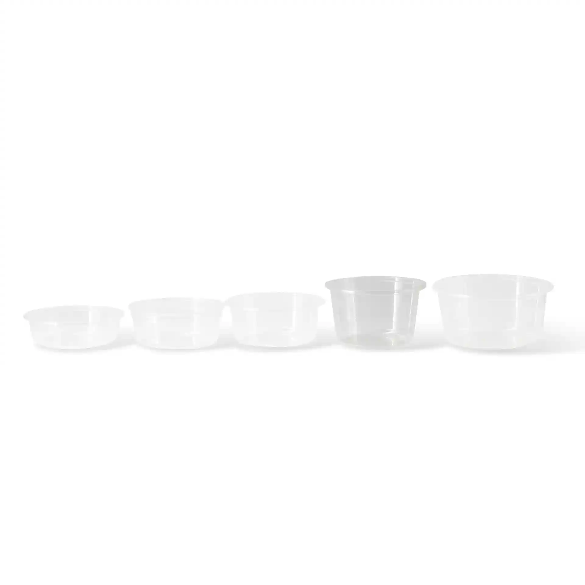 Set van vijf transparante ronde deli-containers in verschillende maten, van klein naar groot weergegeven.