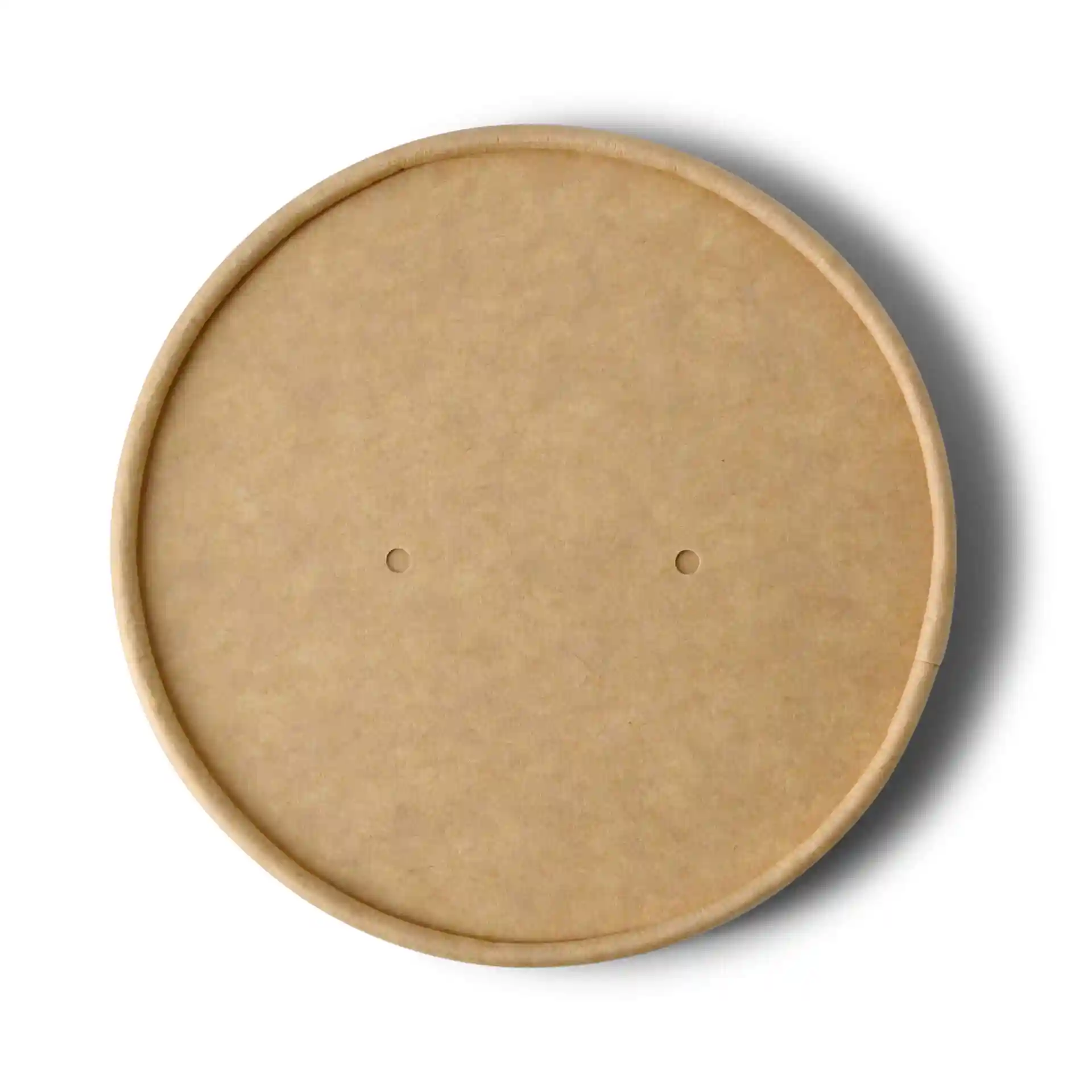 Ronde bruine kartonnen deksel met twee gaten, 100 mm in diameter en 16 mm hoog.