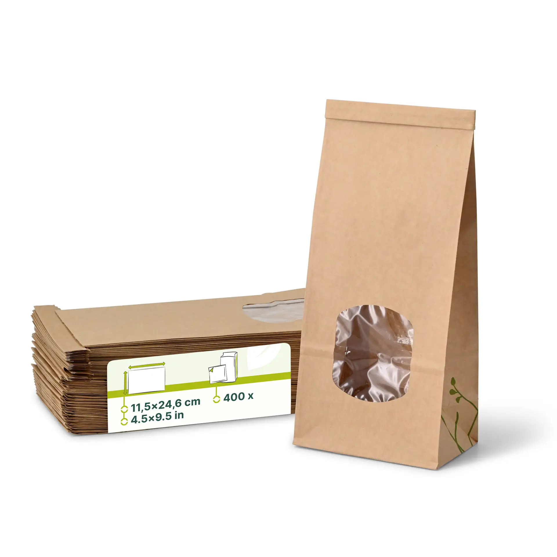 Blokbodemzakken met venster M, 11,5 x 7,2 x 24,6 cm, bruin, clipband Blokbodemzakken met venster M, 11,5 x 7,2 x 24,6 cm, bruin, clipband