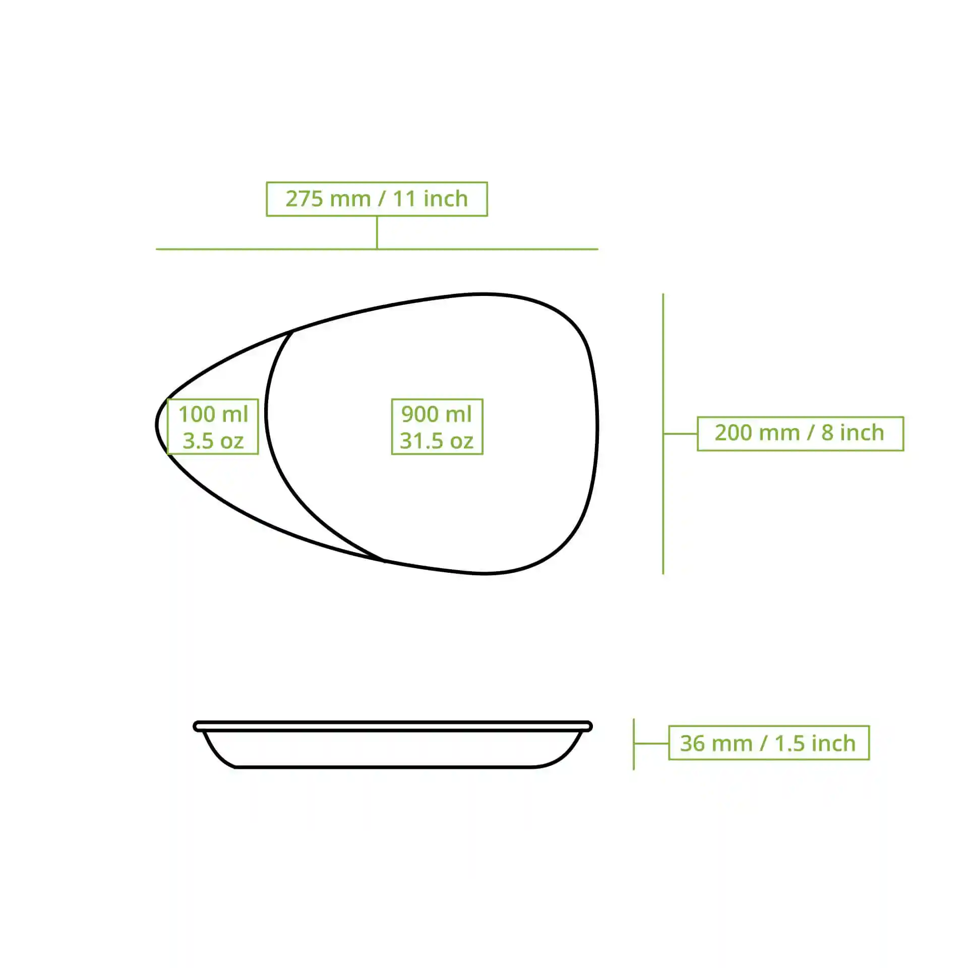 Schematische tekening van een verdeelde plaat met twee compartimenten, afmetingen van 275 mm bij 200 mm en volumemarkeringen.