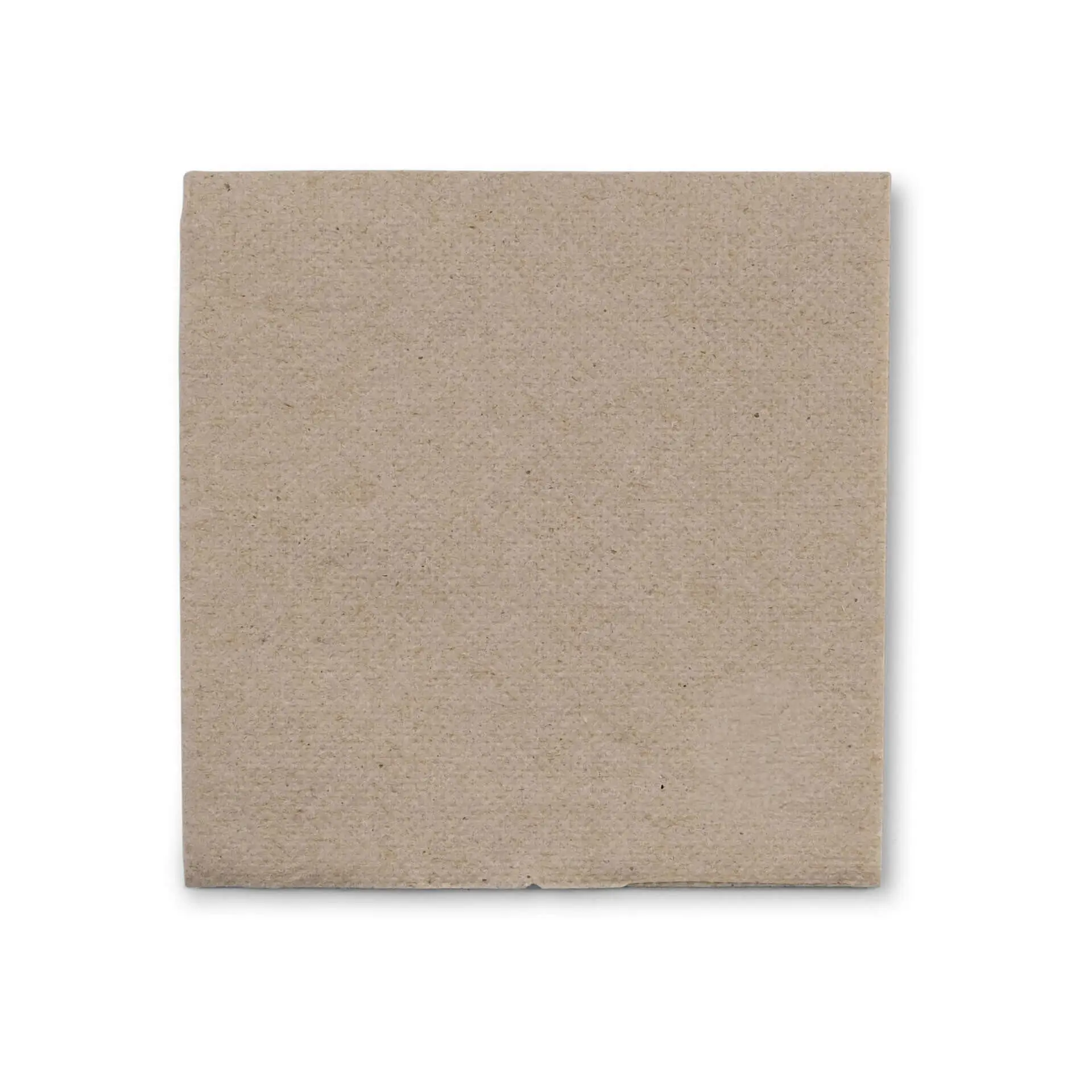 Vierkante ongebleekte papieren servet, 20 x 20 cm, met een zwart cirkelvormig recycling symbool en tekst over gerecycled materiaal.