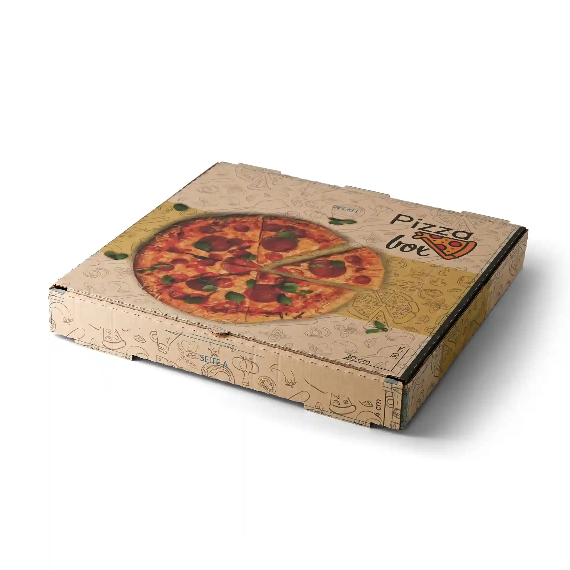 Bruine pizzadoos met een pizzagrafiek bovenop, 30 x 30 x 4 cm, met verschillende voedselillustraties.