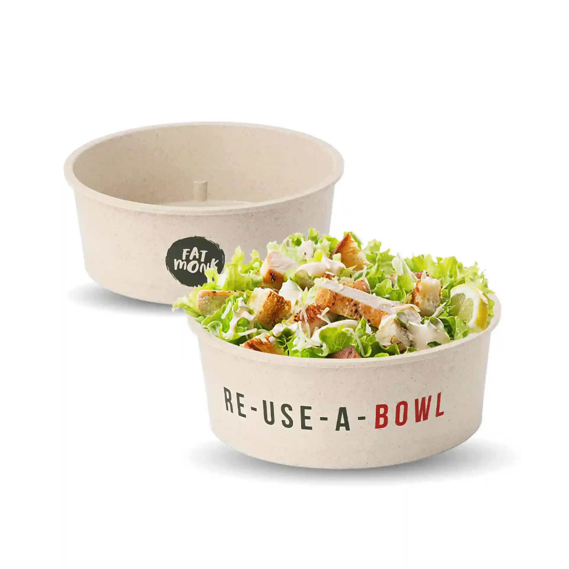 Ronde herbruikbare kom met salade, crème-witte kleur, 650 ml capaciteit, met een logo en tekst op de zijkant.