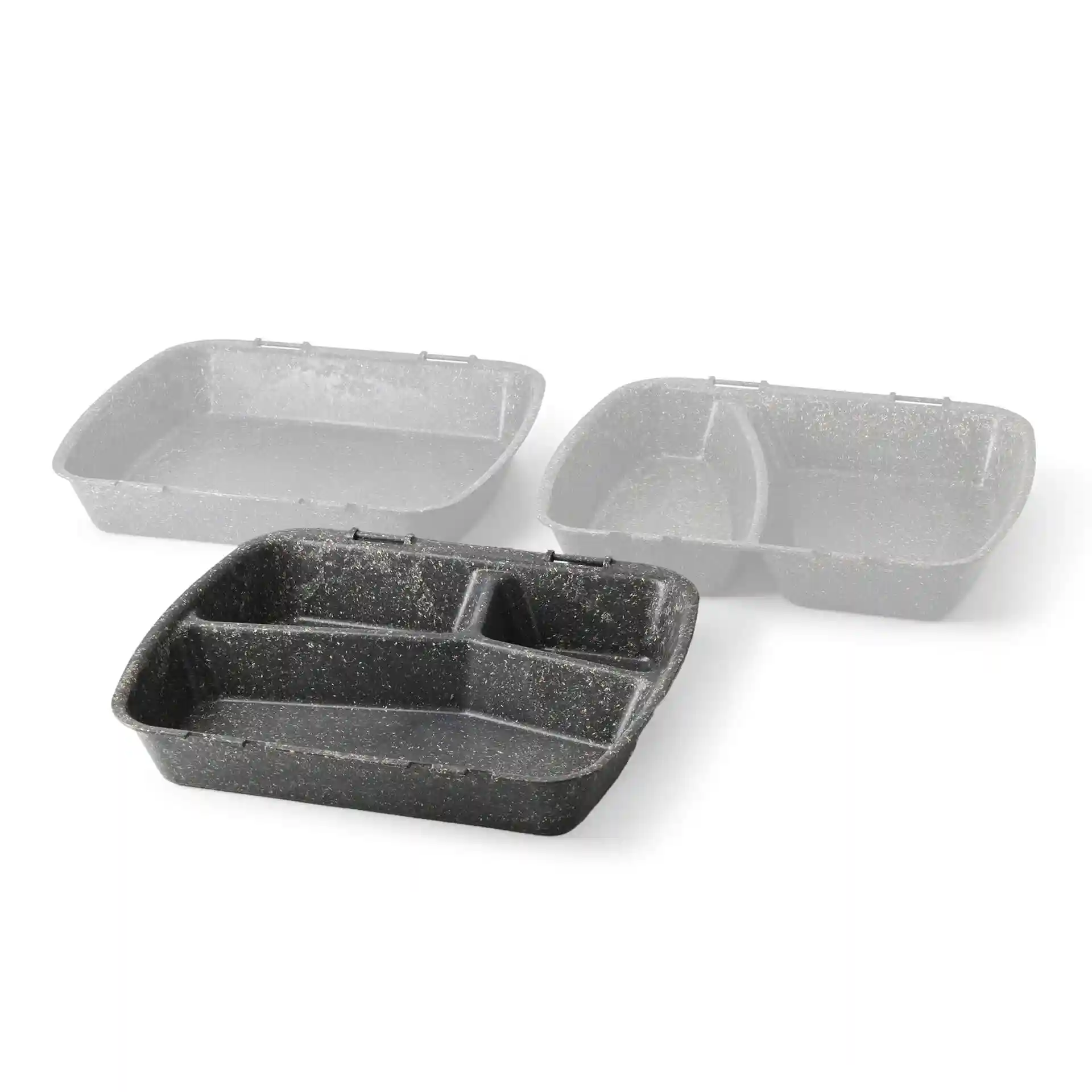Herbruikbare maaltijdcontainer met drie compartimenten, grijze kleur, afmetingen 24,5 x 20 x 4,5 cm, getoond met vervaagde versies.