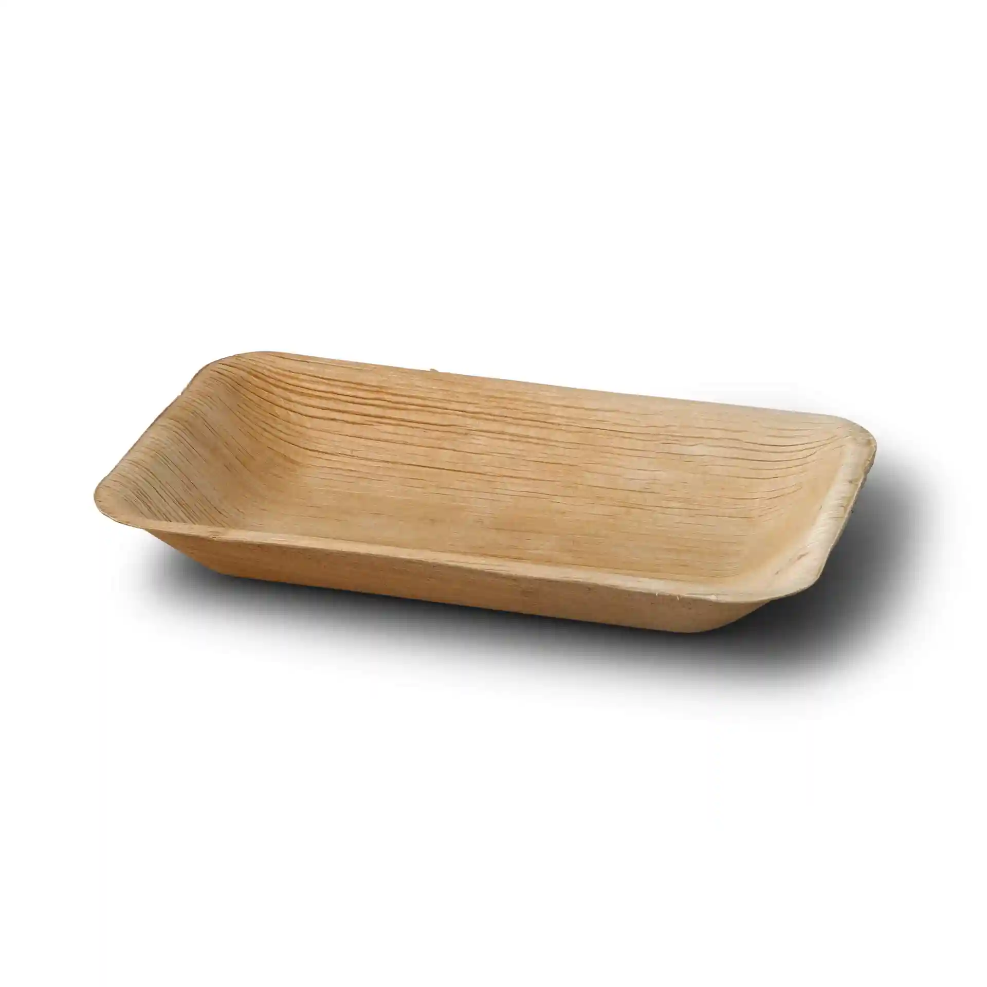 Rechthoekig palmblad bord met een korrelstructuur, 25 x 15 cm en 3,4 cm diep.