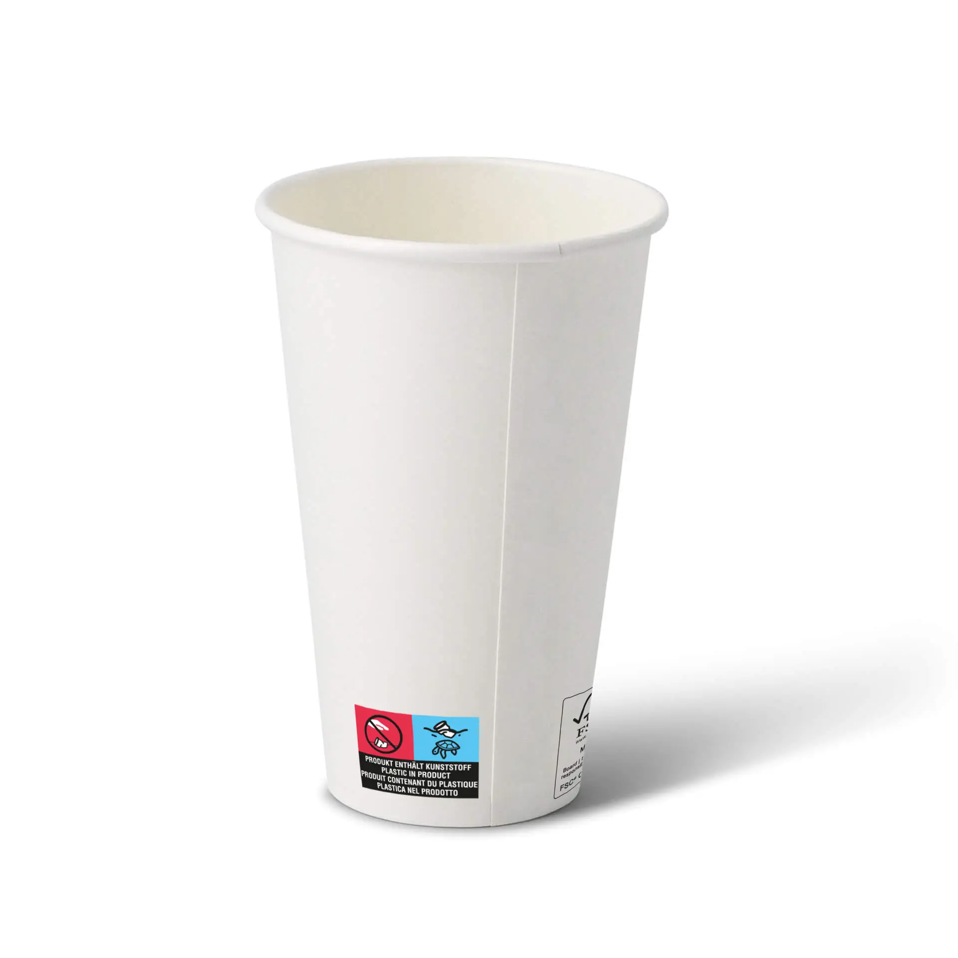 Witte 16 oz papieren beker met ronde vorm en gecoate oppervlakte, met labels aan de onderkant.