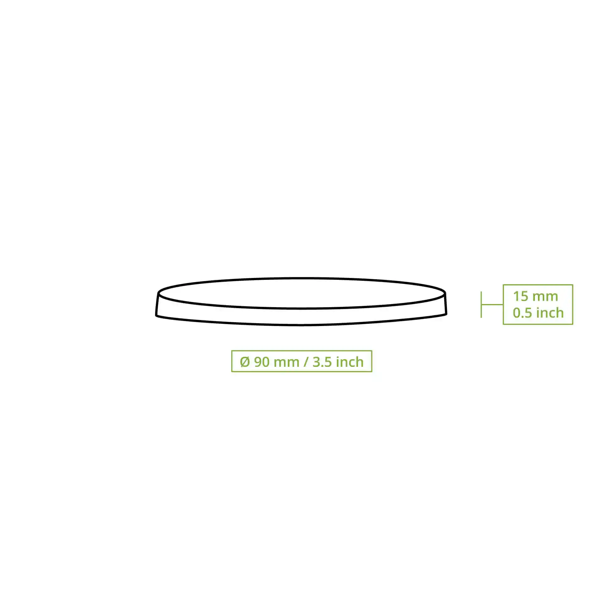 Schematische tekening van een ronde kartonnen deksel met een diameter van 90 mm en een hoogte van 15 mm.