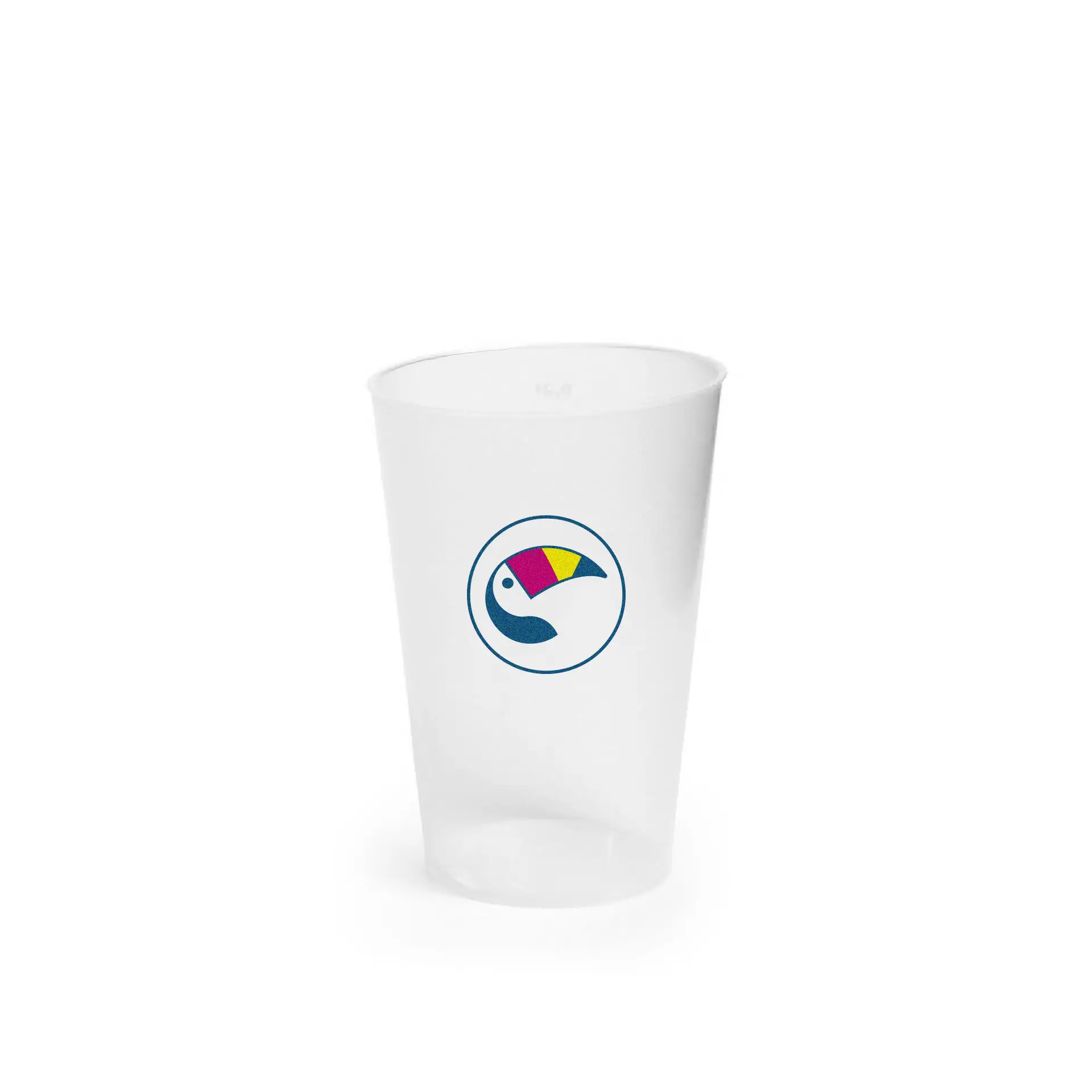 Hergbruikbare 200 ml beker met een kleurrijk logo-ontwerp; geschikt voor koude en alcoholische dranken; gemaakt van recyclebaar PP-kunststof.
