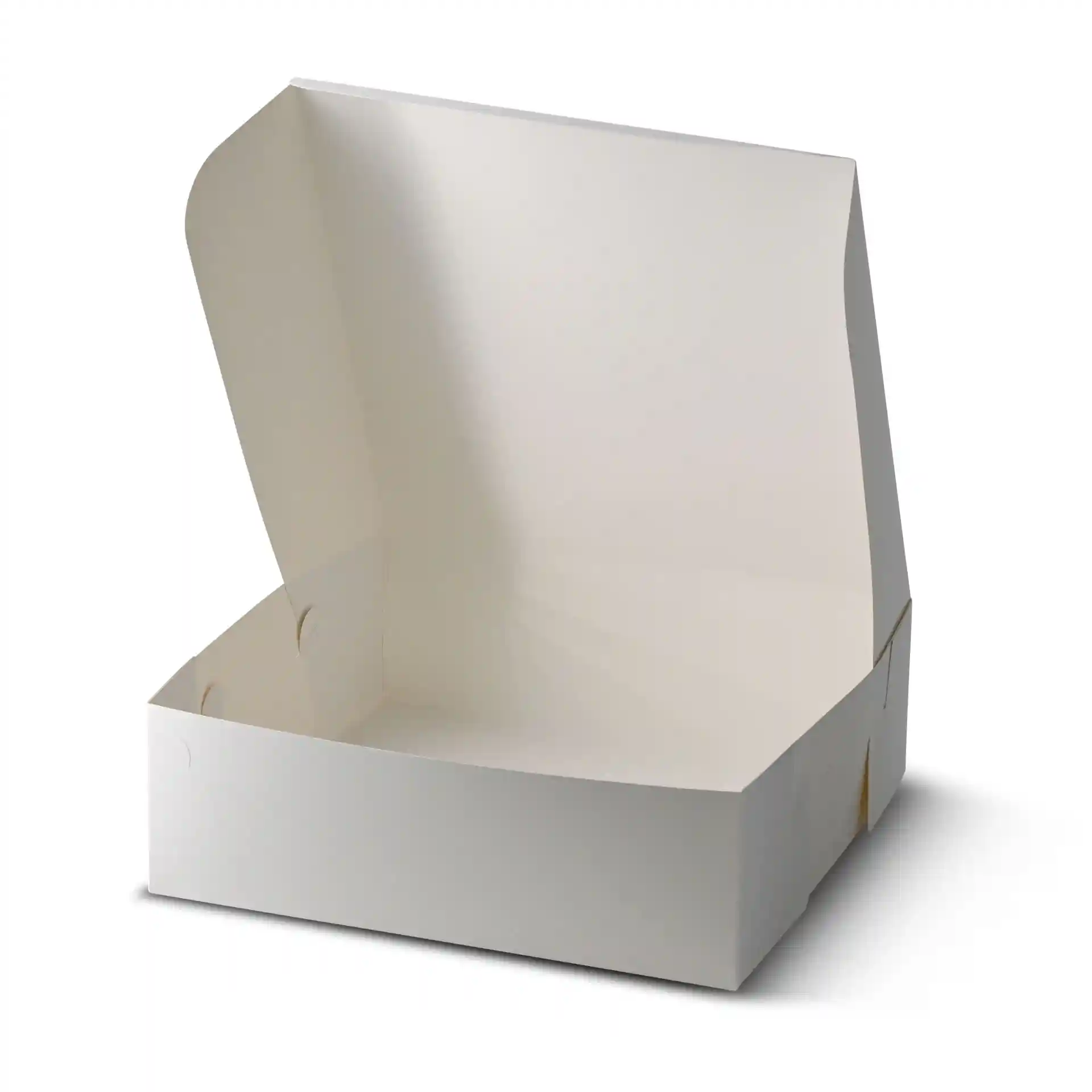 Witte taartdoos met een open deksel, 30,5 x 30,5 x 10 cm groot.