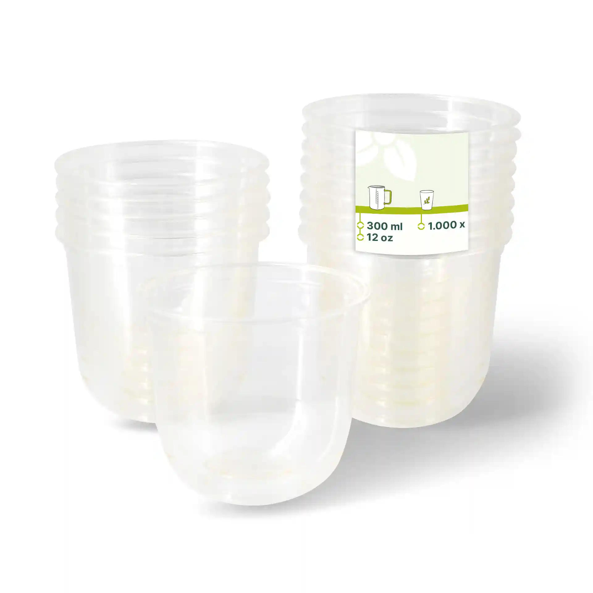 Transparante PLA-dessertbekers gestapeld, met één beker vooraan die een label met 300 ml capaciteit toont.