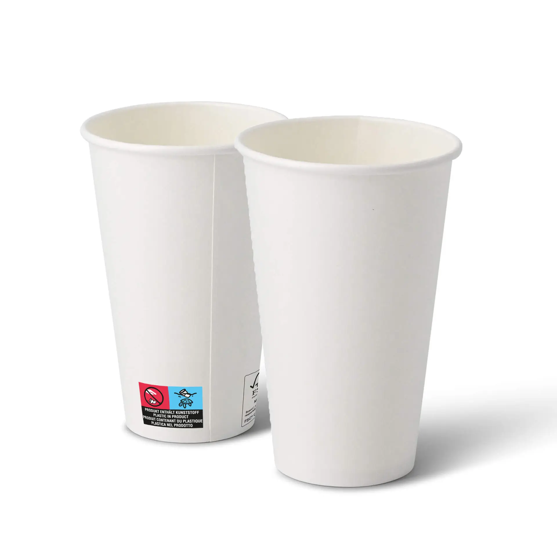 Twee witte papieren bekers met een ronde vorm, die de binnen- en buitenkant tonen, met een label op één beker.