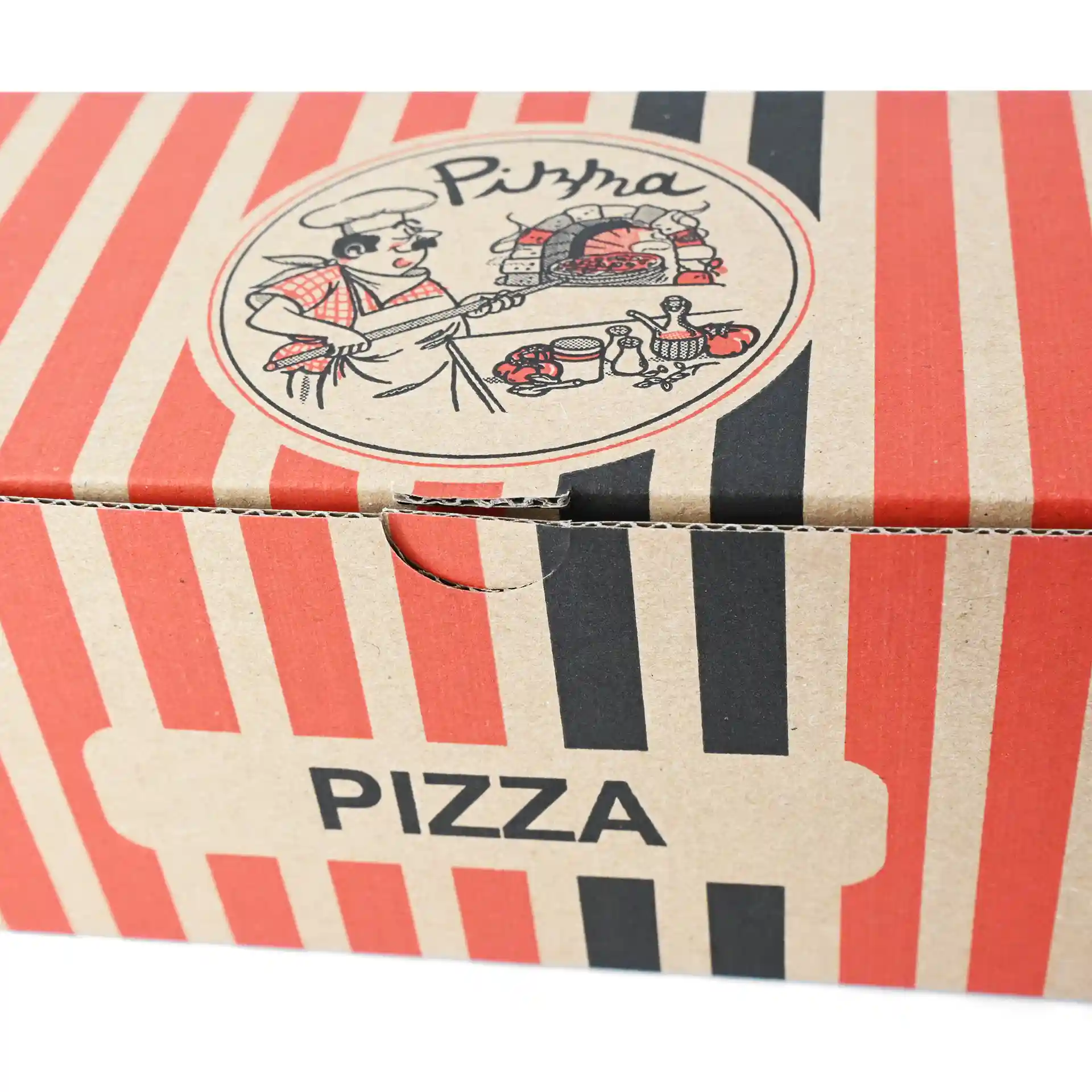 Pizzadoos met een pizzakok ontwerp, met rode en zwarte strepen, afmetingen 7 x 8 x 28 cm.