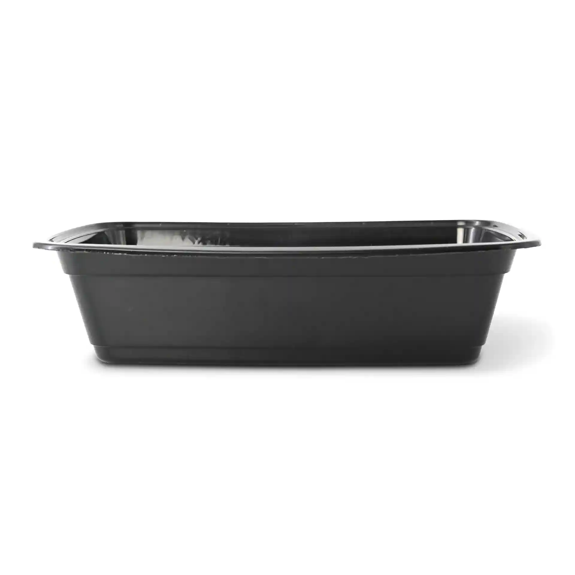 Zwarte rechthoekige herbruikbare container van polypropyleen, 217 mm lang, 150 mm breed en 52 mm hoog.