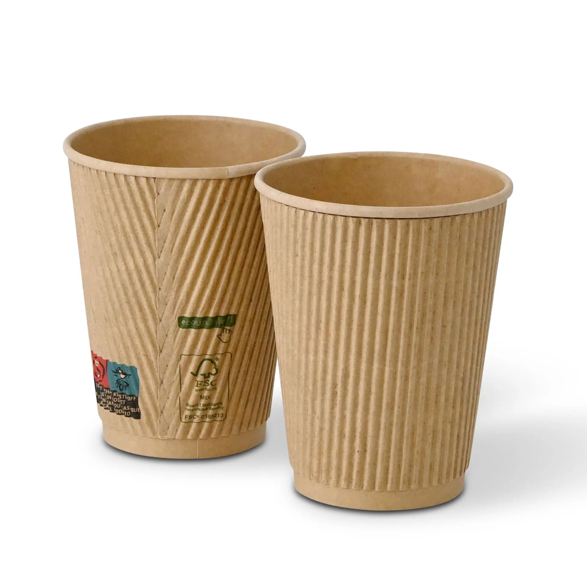 Twee 12 oz kraft ribbekoppen met een diameter van 90 mm, met zichtbare labels en markeringen.