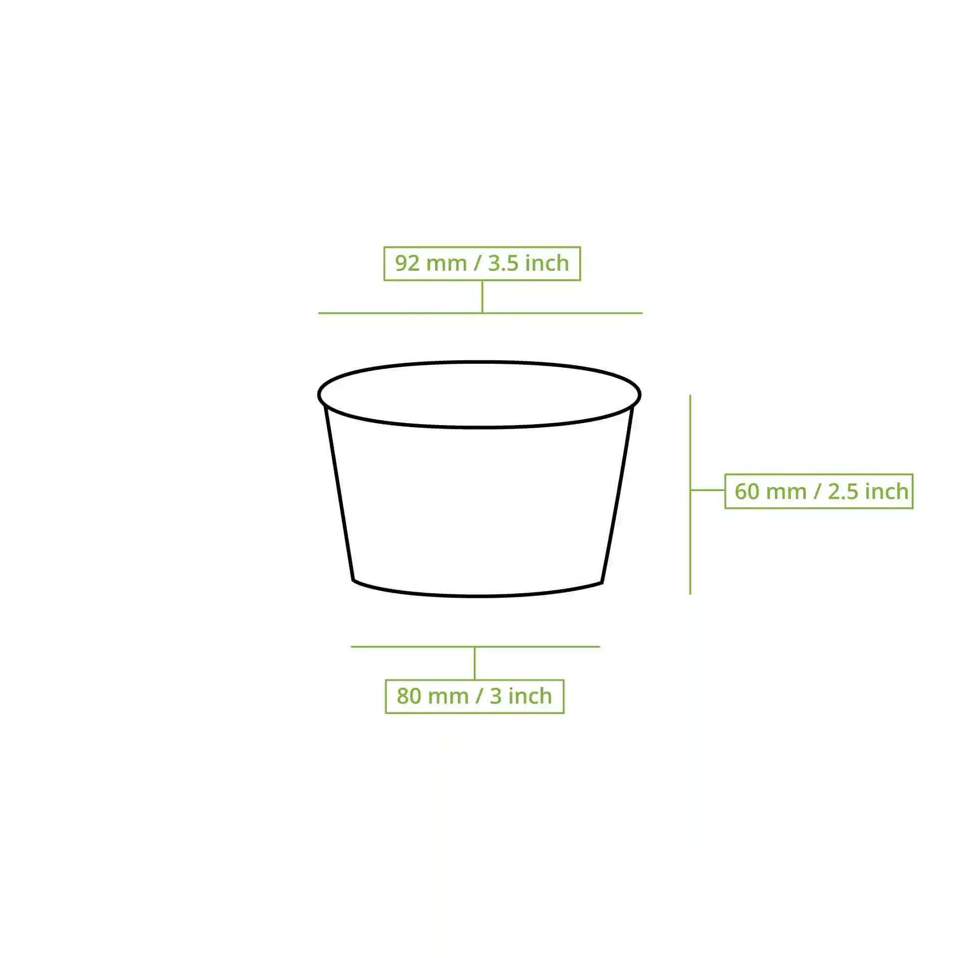 Schematische tekening van een beker met afmetingen: bovenste diameter 92 mm, onderste diameter 80 mm, hoogte 62 mm.