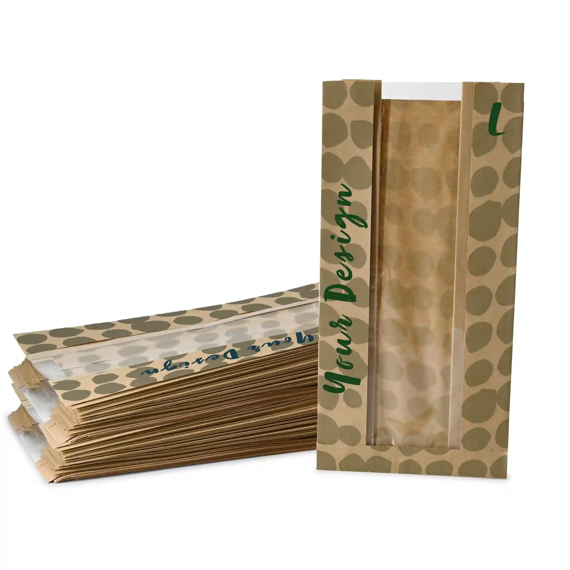 Bruine papieren tas met venster, maat L, 20 × 11 × 41 cm, met meerdere tassen erachter gestapeld.