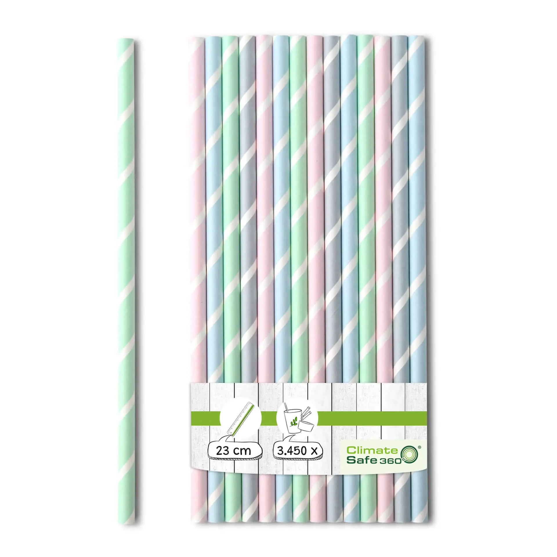 Jumbo rietjes van papier 23 cm, Ø 0,8 cm, pastel gestreept
