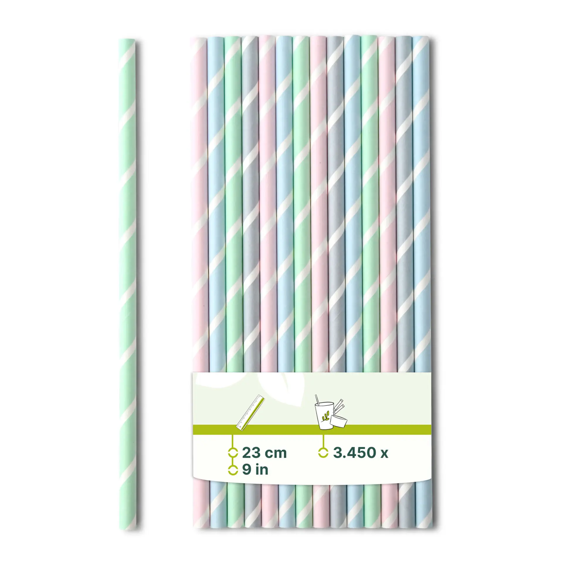 Jumbo rietjes van papier 23 cm, Ø 0,8 cm, pastel gestreept Jumbo rietjes van papier 23 cm, Ø 0,8 cm, pastel gestreept