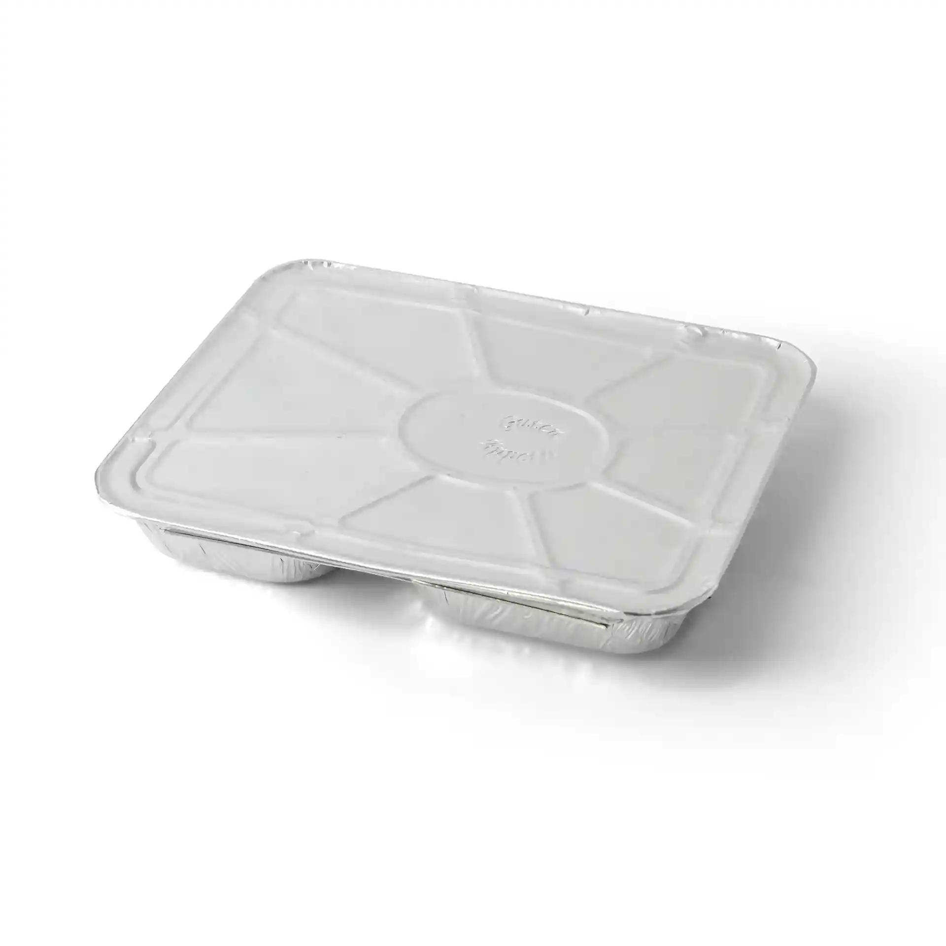 Aluminium deksel voor een rechthoekige maaltijdtray met twee compartimenten, schuin weergegeven op een effen achtergrond.