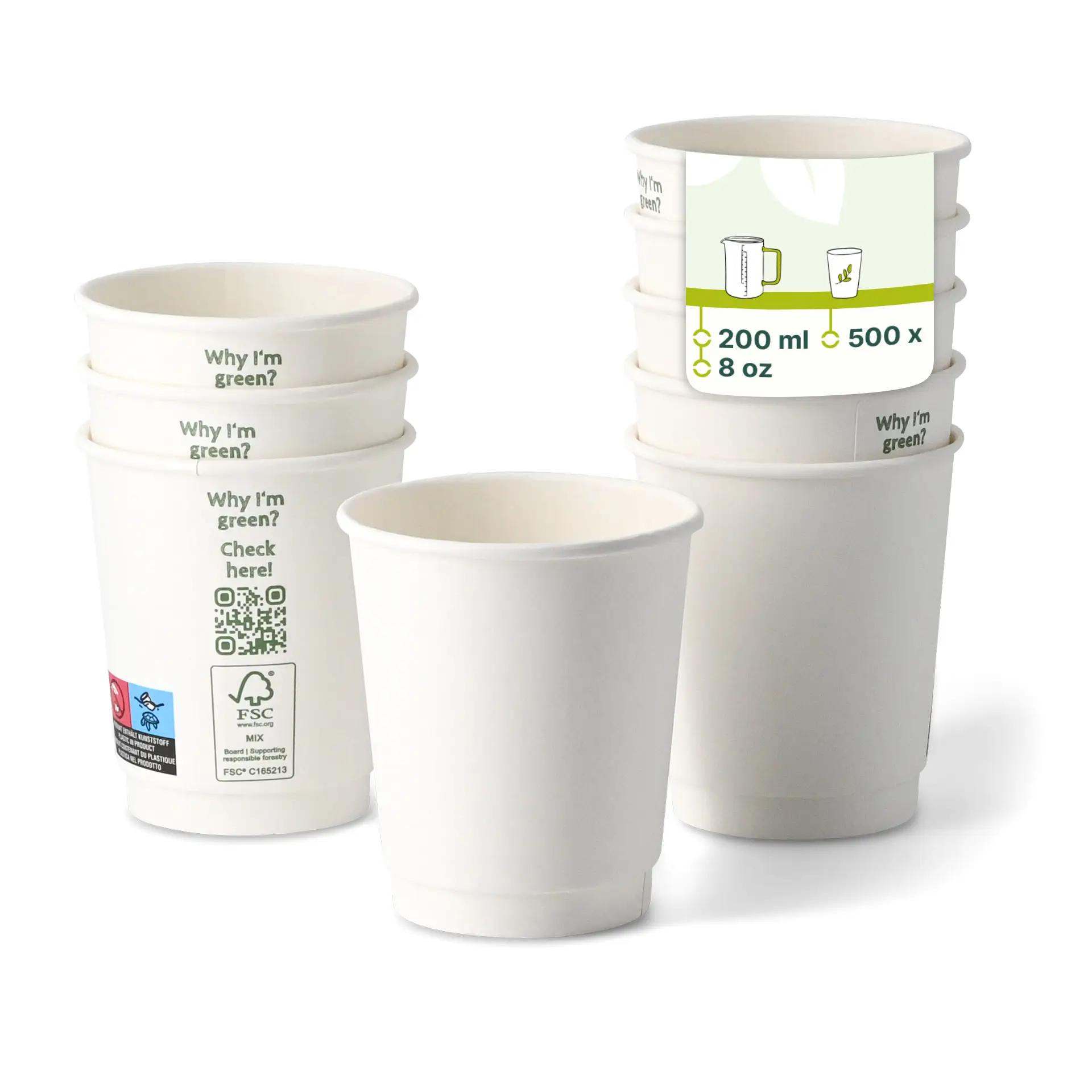 Koffiebeker to go, 200 ml / 8 oz, Ø 80 mm, dubbelwandig, wit, met PLA-coating