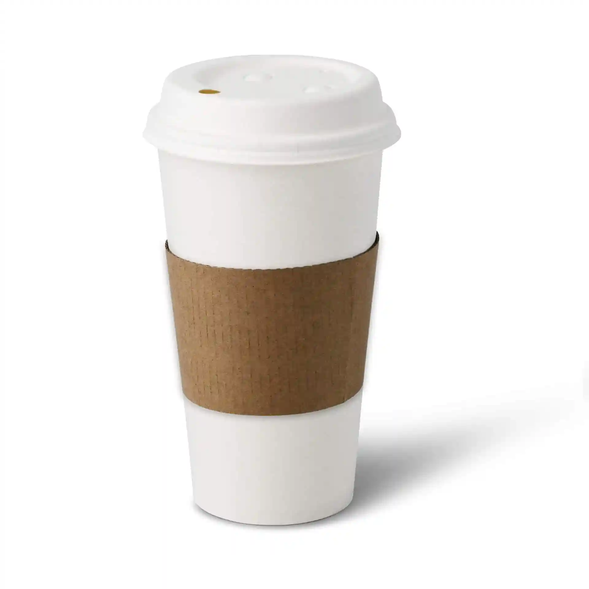 Witte papieren beker met kartonnen sleeve, 20 oz capaciteit, ronde vorm en gecoate oppervlakte.