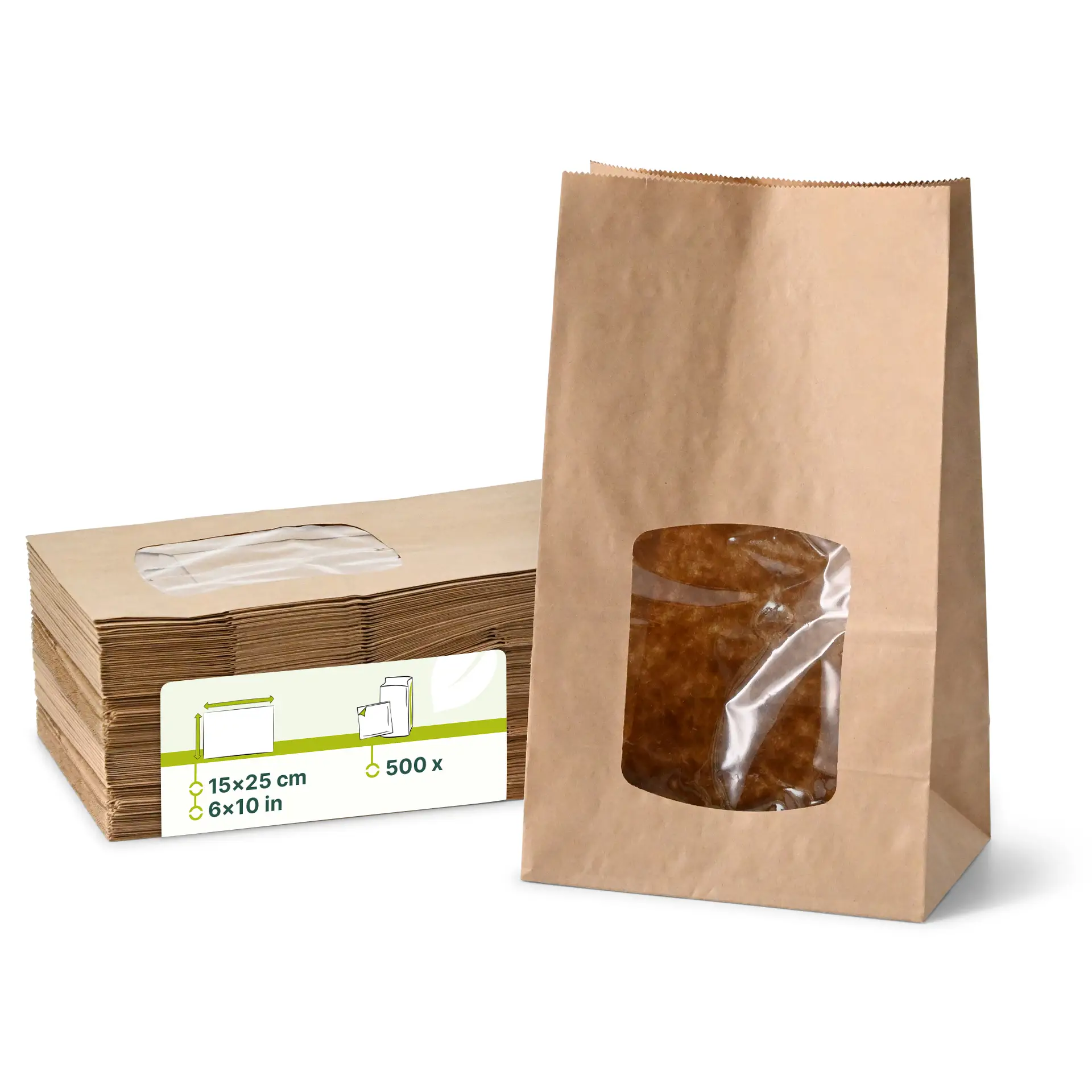 Blokbodemzakken met venster L, 15 x 10 x 25 cm, bruin Blokbodemzakken met venster L, 15 x 10 x 25 cm, bruin