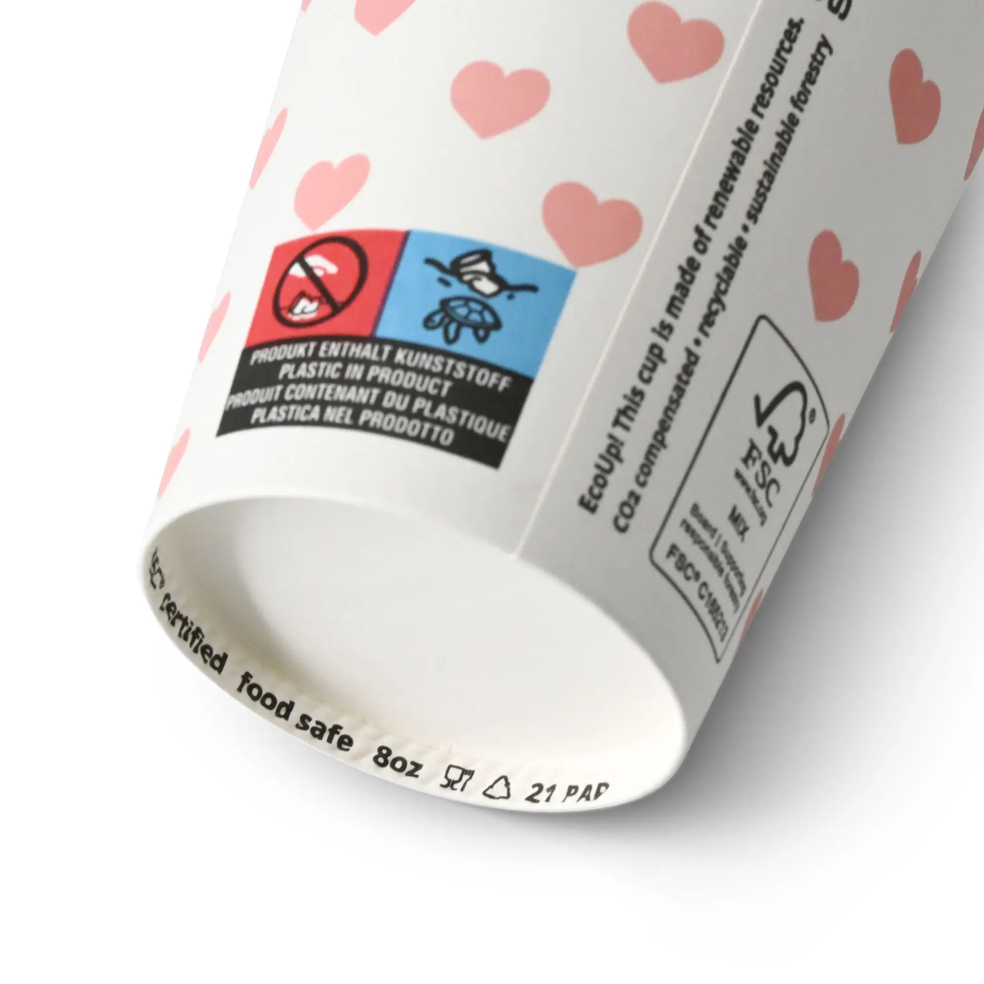 Papieren beker bedrukt "Hearts" (gecoat) 200 ml / 8 oz, Ø 80 mm, wit