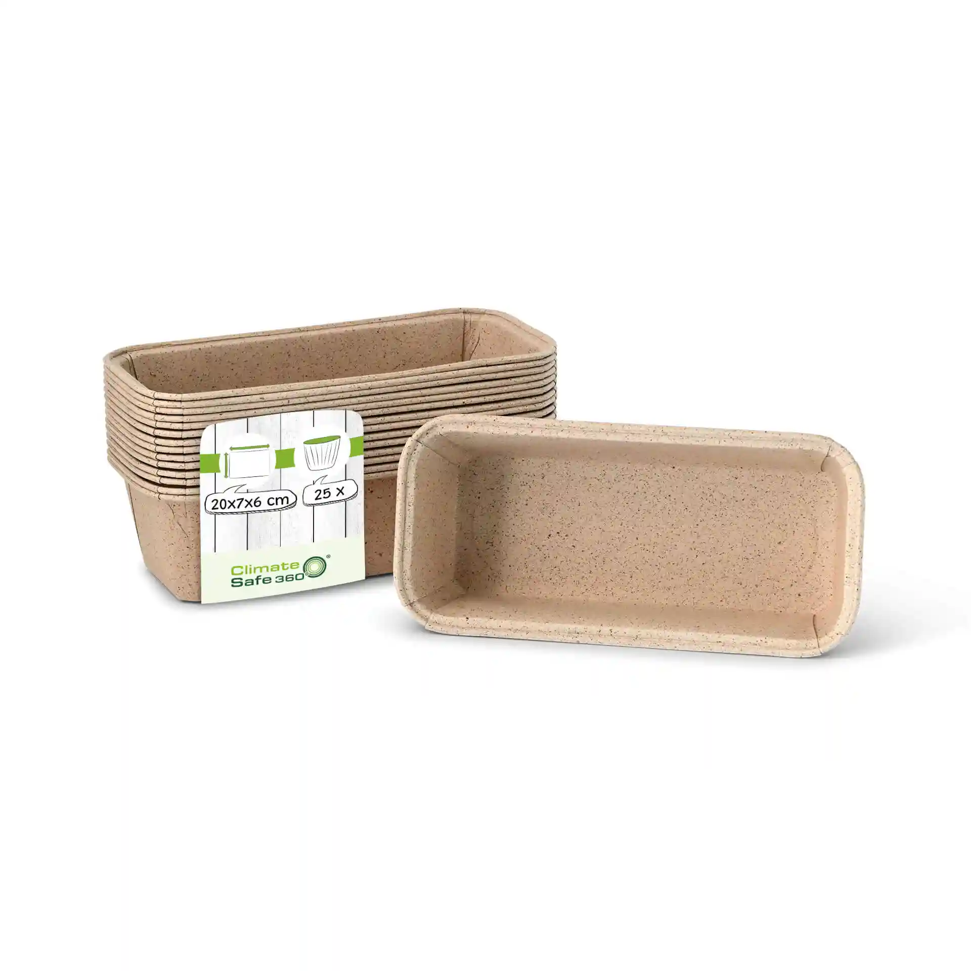 Rechthoekige bakvormen van bruin cacaopapier, 20 × 7 × 6 cm, met een label voor hoeveelheid en afmetingen.