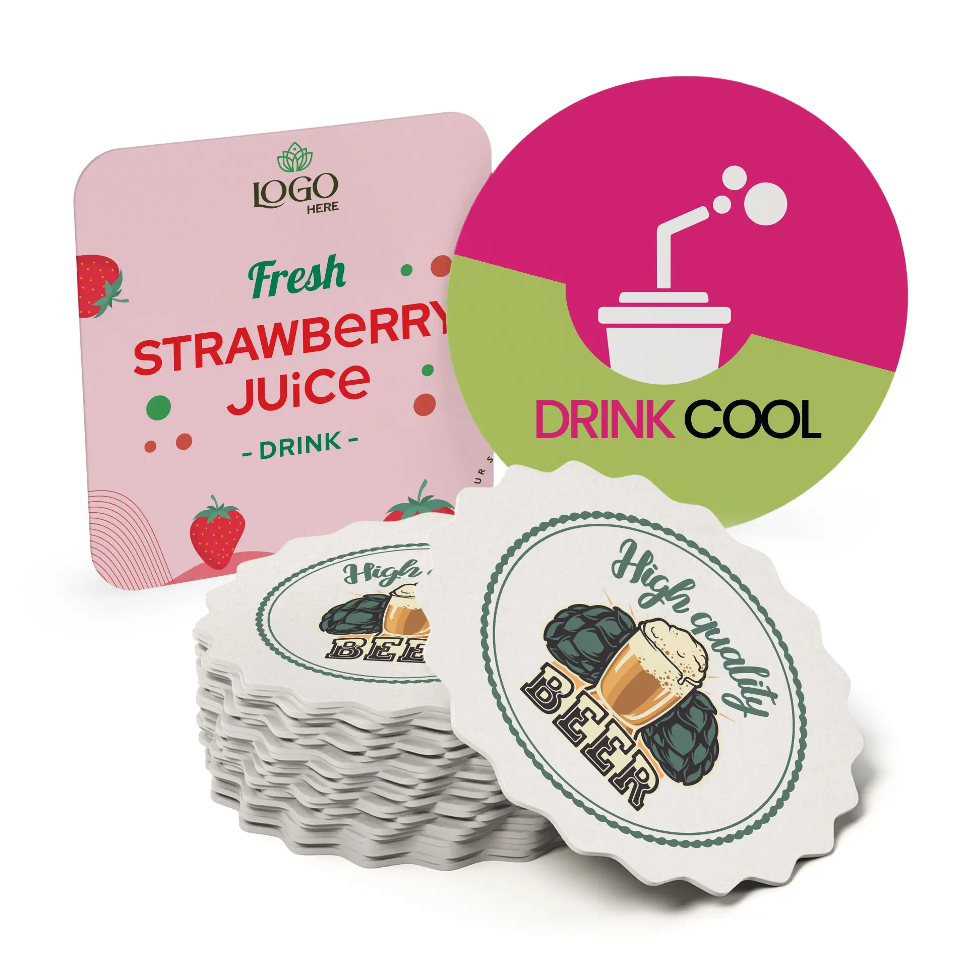 Afbeelding van bedrukte bierviltjes, waaronder een ronde viltje met "Drink Cool" en gestapelde viltjes met "Hoogwaardige Bier" design.