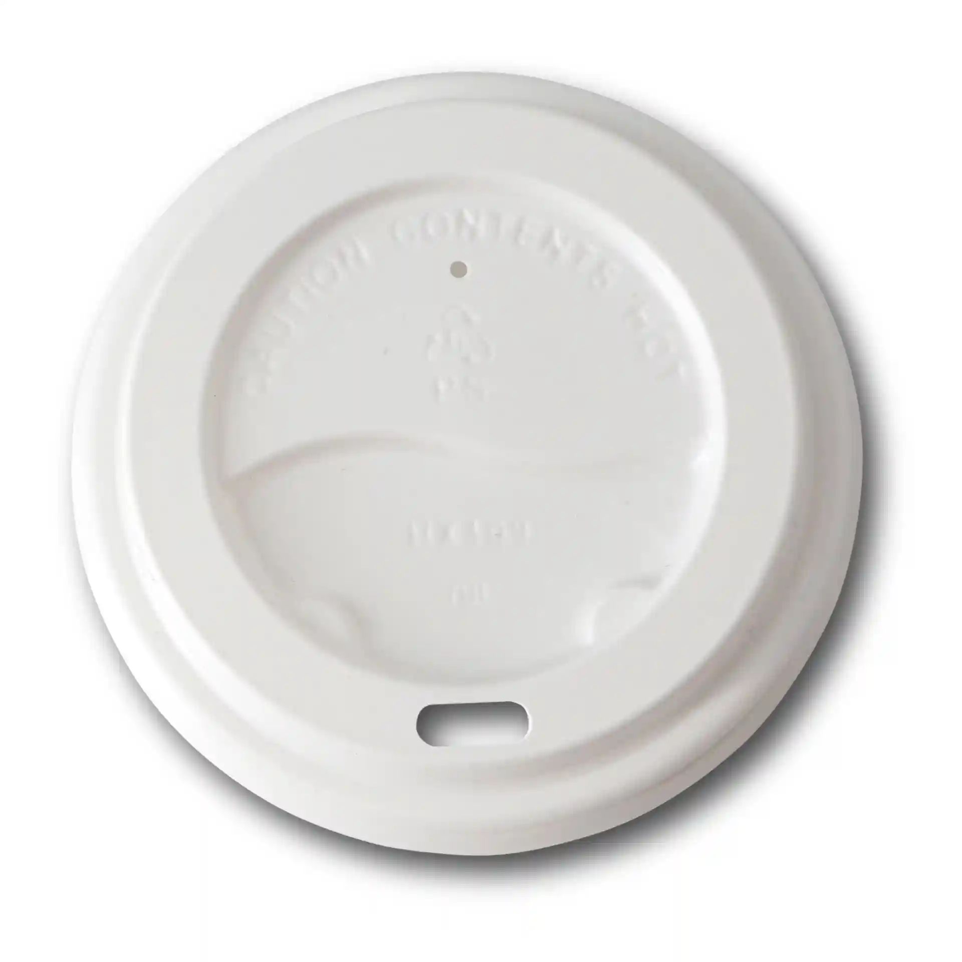 Witte ronde PS-deksel met drinkopening, 80 mm in diameter en 17,5 mm hoog.