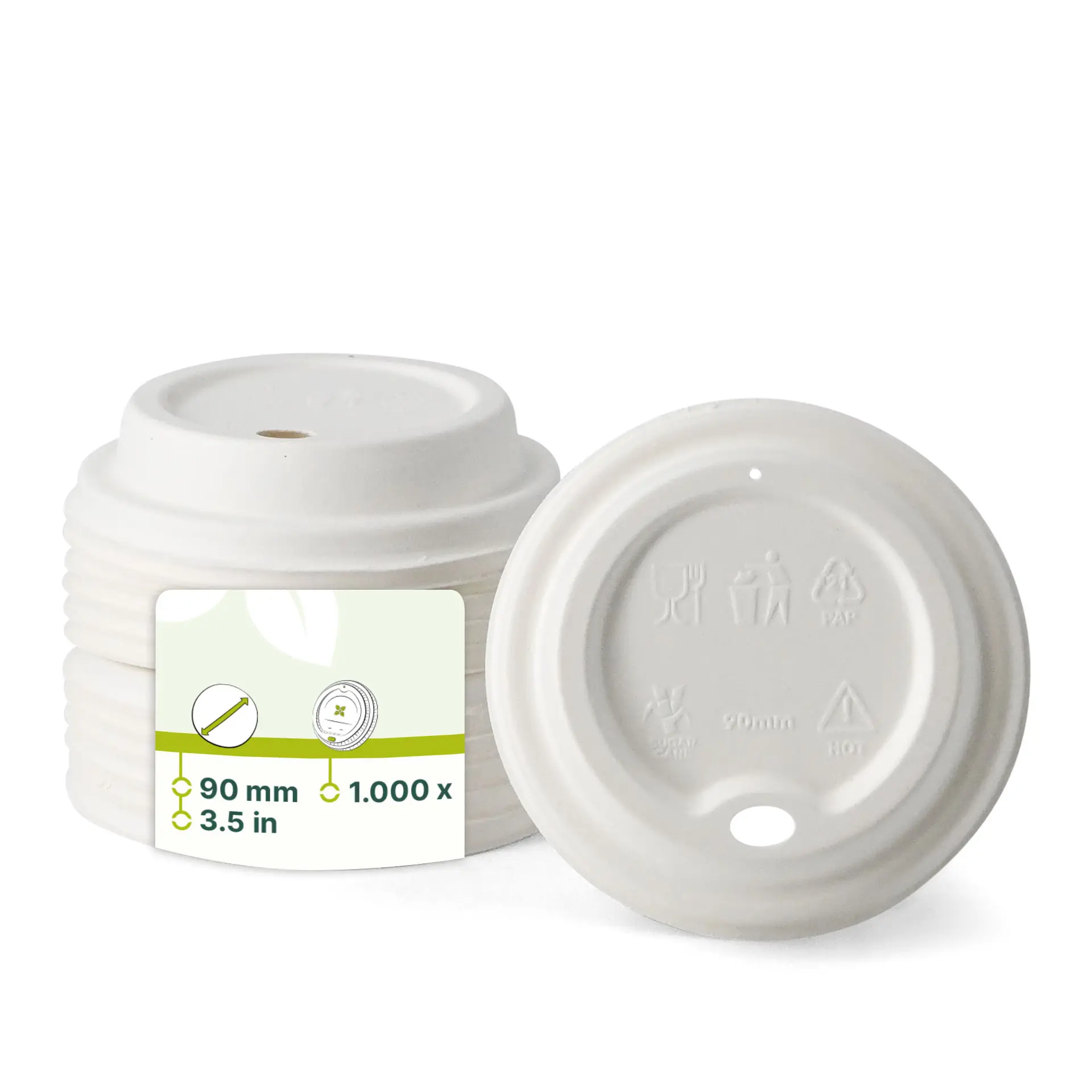 Witte suikerrietdeksels voor papieren bekers, 90 mm diameter, geschikt voor warme en koude dranken, gestapeld in een groep.