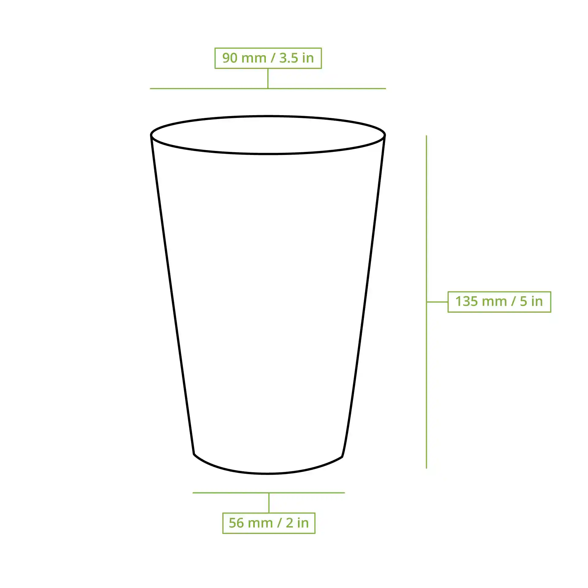 Schematische tekening van een witte beker met afmetingen: hoogte 135 mm, bovenste diameter 90 mm en basisdiameter 56 mm.