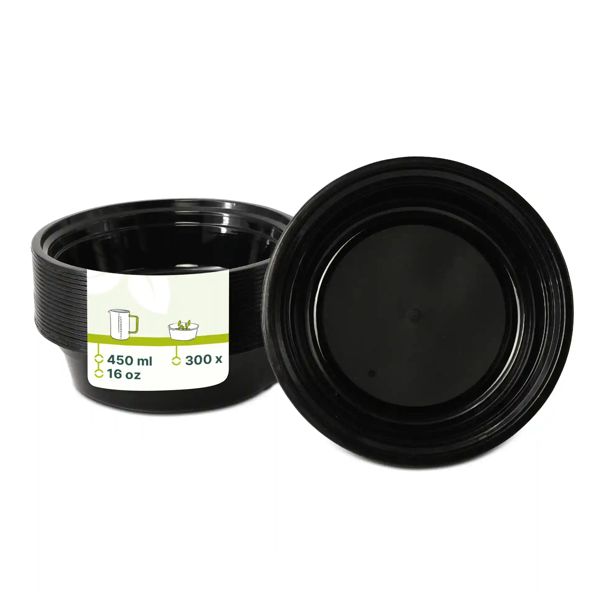Zwarte ronde herbruikbare plaat van PP, 450 ml capaciteit, diameter 158 mm en hoogte 42 mm.