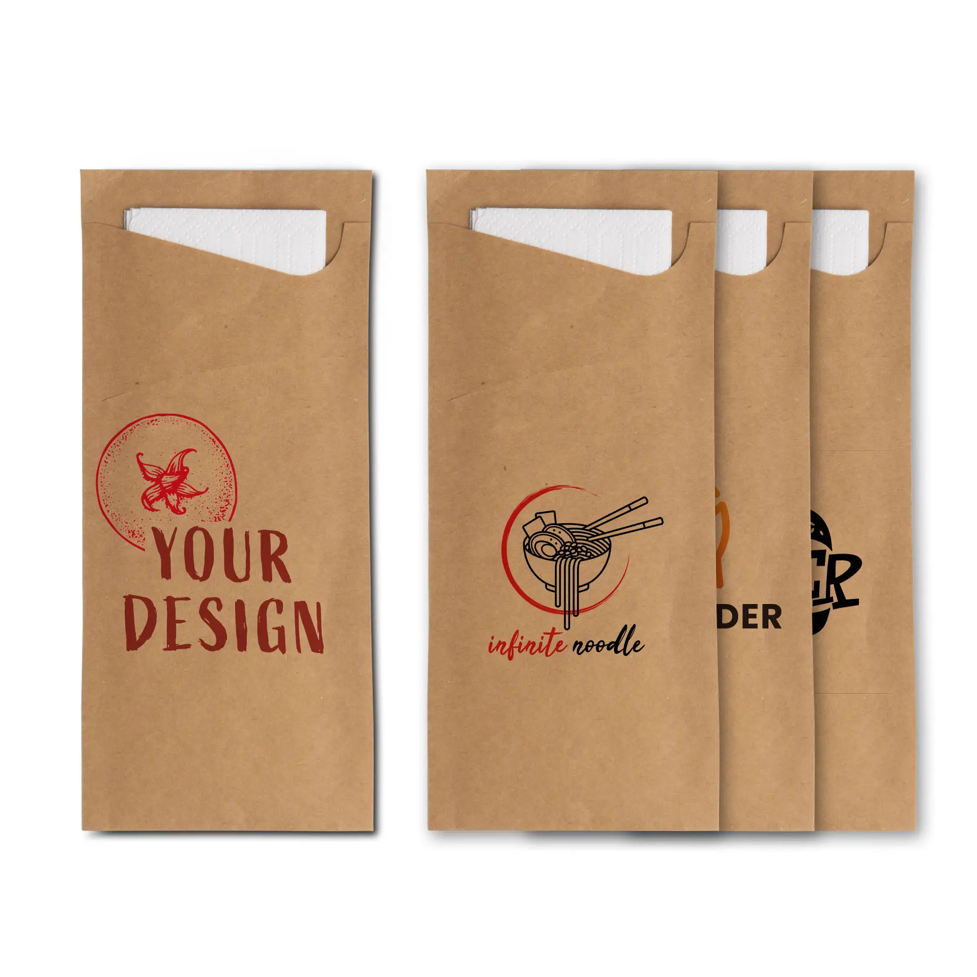 Bruine kraft bestekhoes met witte servet, met een cirkelvormig logo van een toekan in felle kleuren.