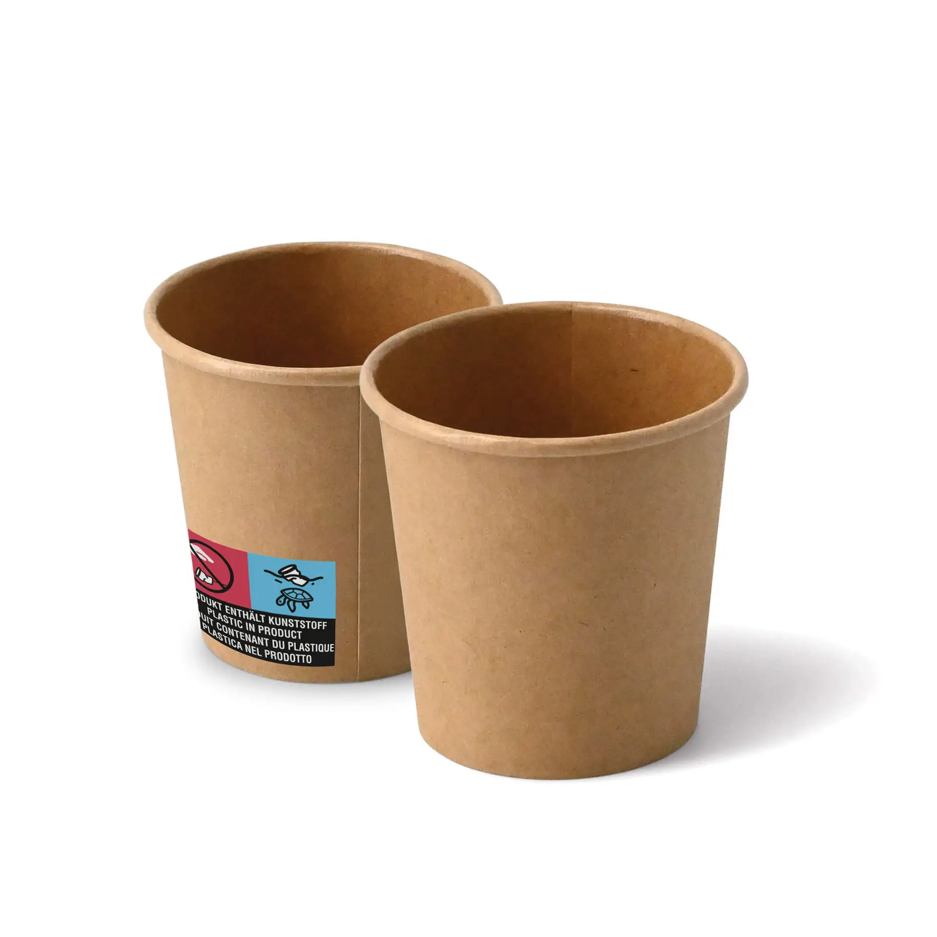 Bruine 4 oz papieren bekers in ronde vorm, met twee bekers met een label met symbolen.