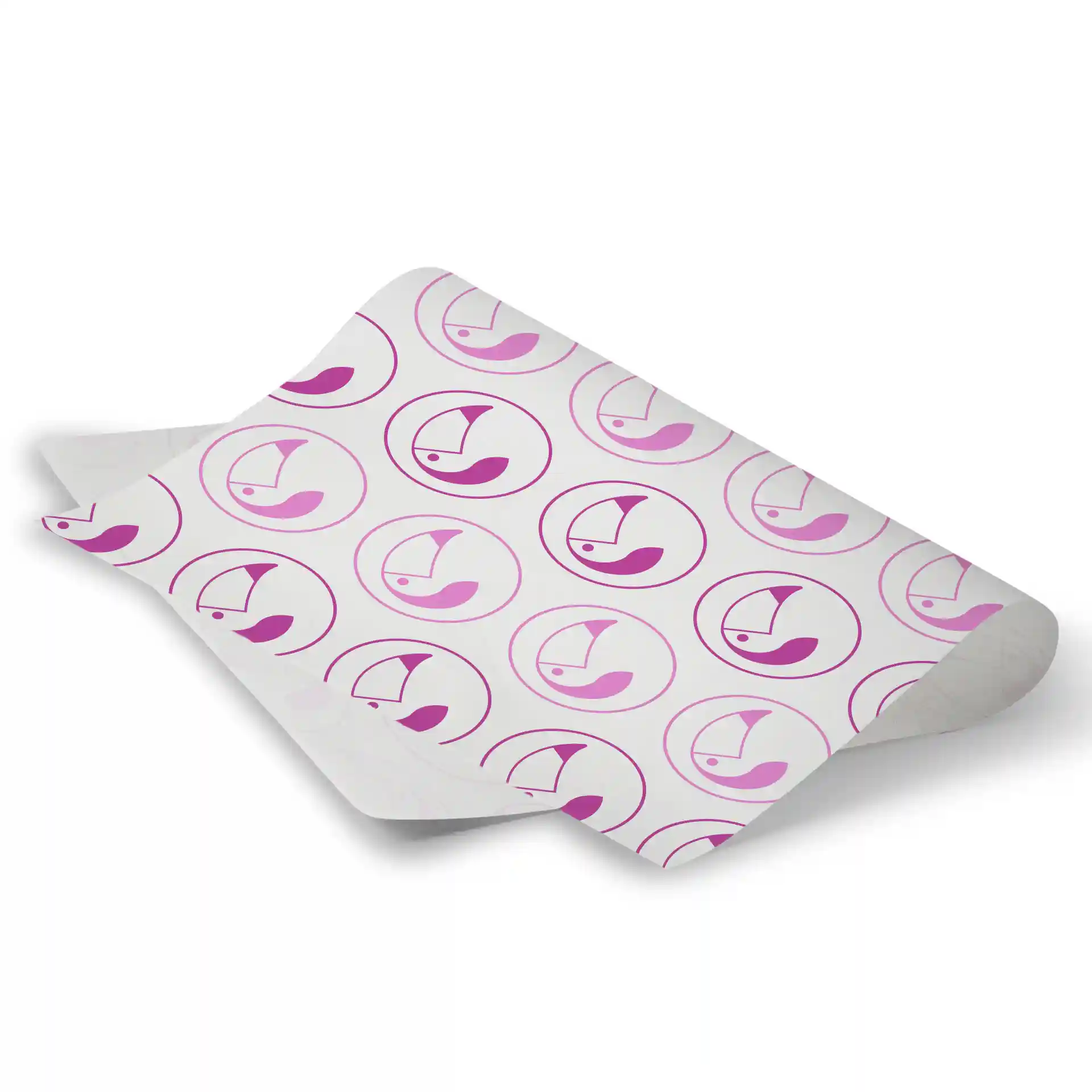 Bedrukt inpakpapier met een witte achtergrond en een herhaald patroon van roze en paarse cirkelvormige ontwerpen.