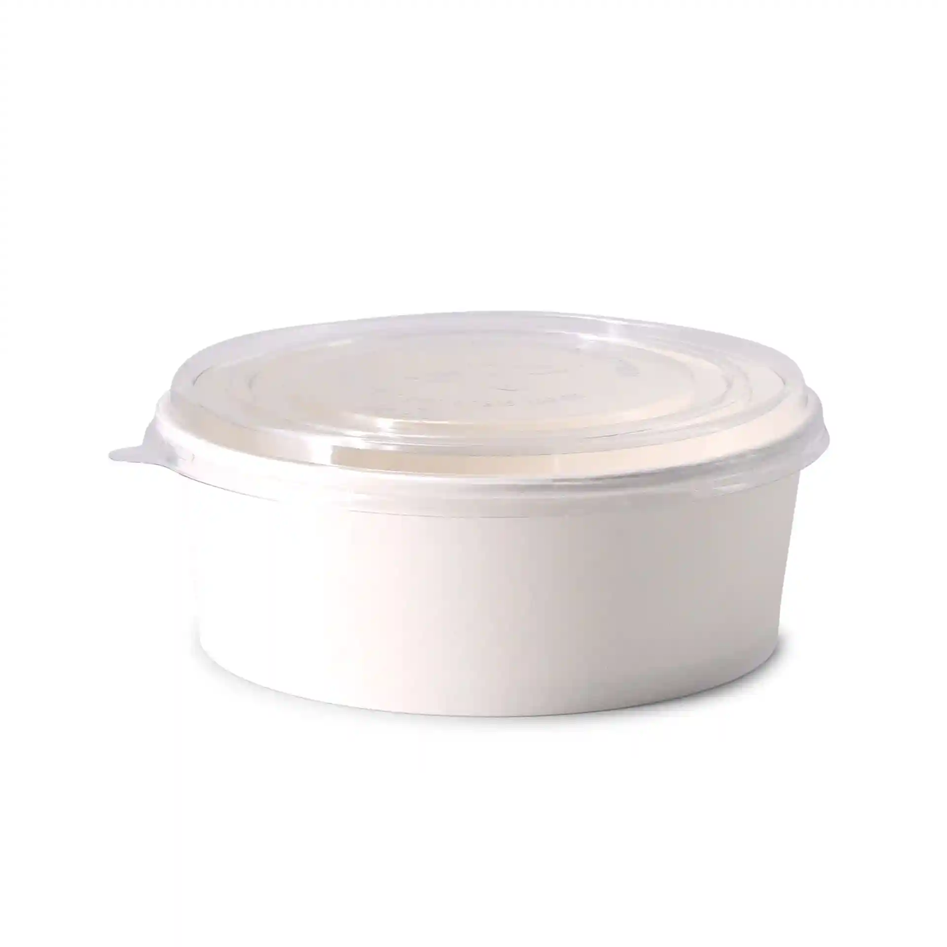 Transparante ronde deksel van rPET, met een diameter van 185 mm en een hoogte van 21 mm.