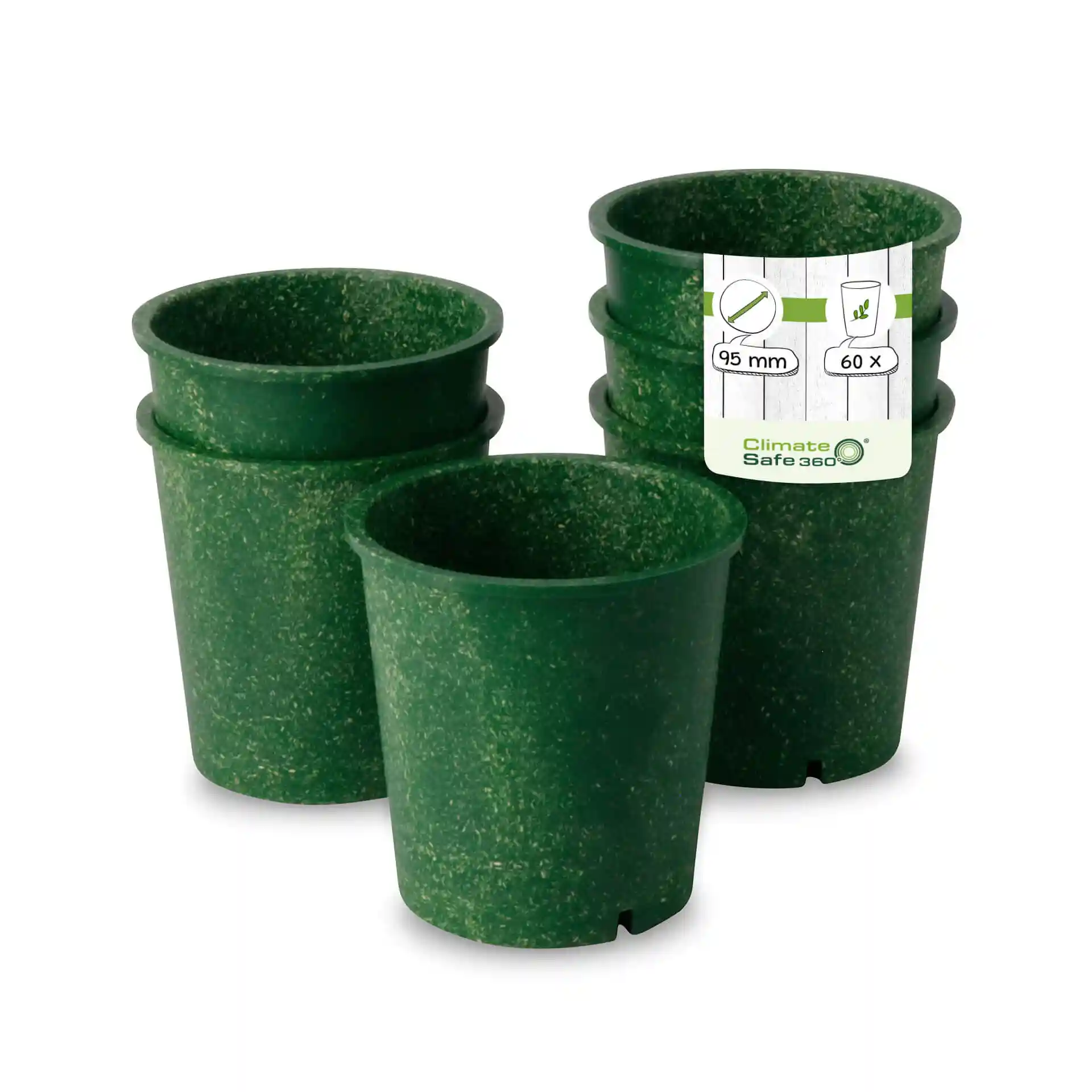 Set van vier groene herbruikbare bekers met een diameter van 95 mm en een hoogte van 100 mm, gemaakt van biocomposietmateriaal.