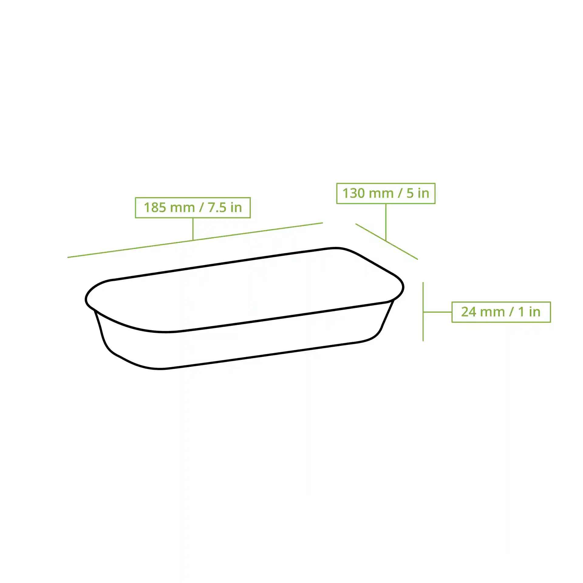 Schematische tekening van een rechthoekige sushi-doos met afmetingen: 185 mm lengte, 130 mm breedte en 24 mm hoogte.